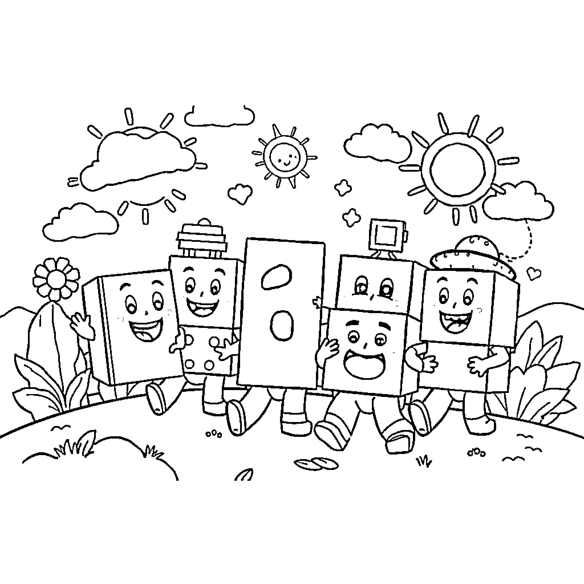 Numberblocks playing happily in the sunny outdoors Coloring Page (free black-and-white line drawing printable PDF for all, from beginners to advanced learners, including children, teens, adults, and seniors)