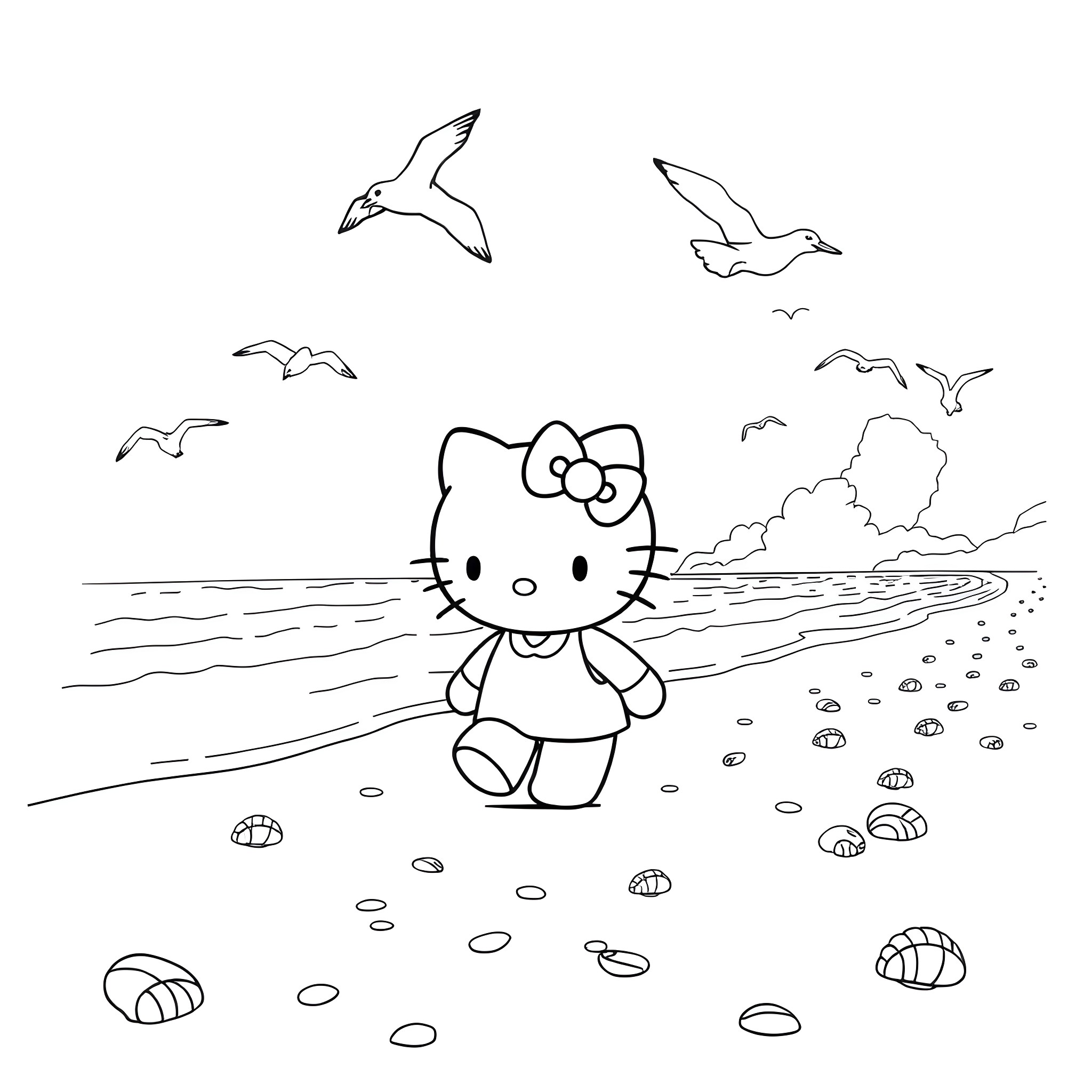 Hello Kitty enjoying a day at the beach Coloring Page (free black-and-white line drawing printable PDF for all, from beginners to advanced learners, including children, teens, adults, and seniors)