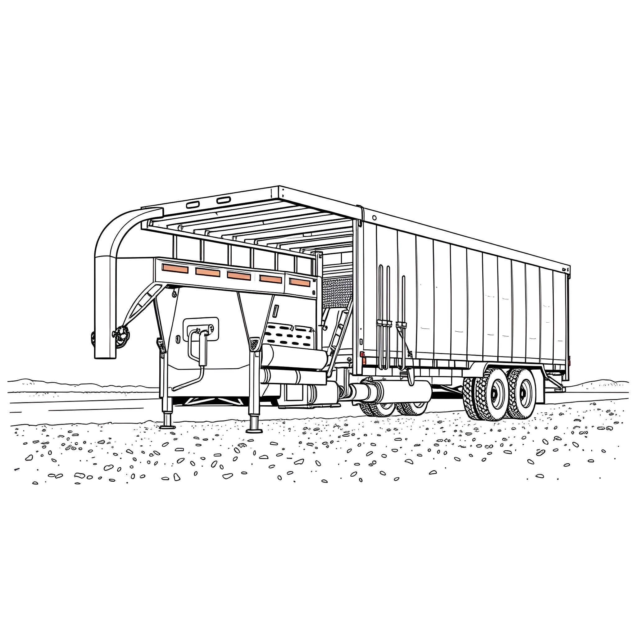 Gooseneck Trailer with Utility Equipment Coloring Page (free black-and-white line drawing printable PDF for all, from beginners to advanced learners, including children, teens, adults, and seniors)