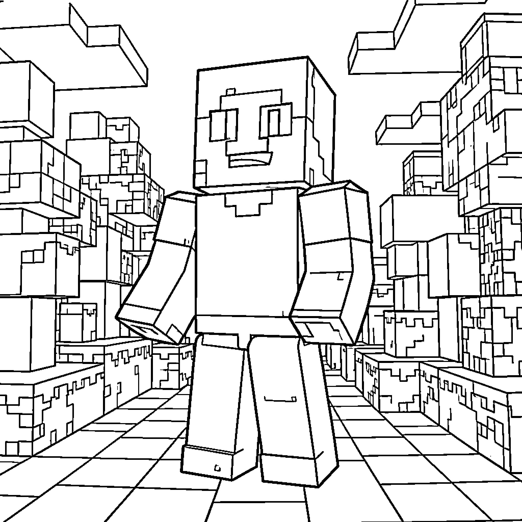 Dennis exploring the pixelated city Coloring Page (free black-and-white line drawing printable PDF for all, from beginners to advanced learners, including children, teens, adults, and seniors)