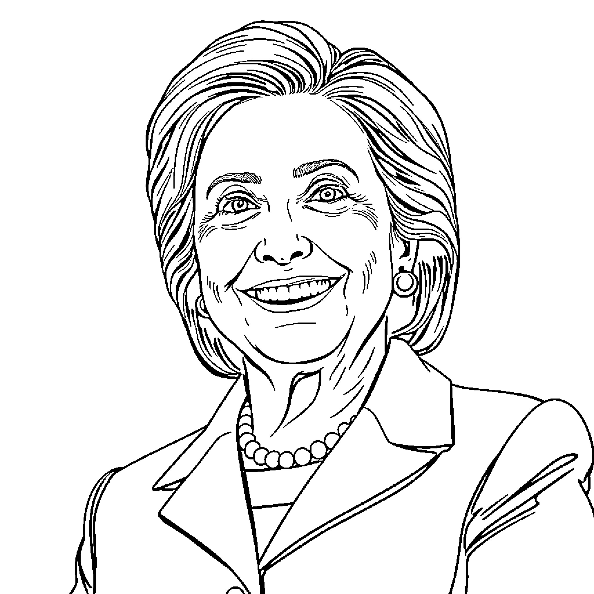 Hillary Clinton smiling confidently in formal attire Coloring Page (free black-and-white line drawing printable PDF for all, from beginners to advanced learners, including children, teens, adults, and seniors)