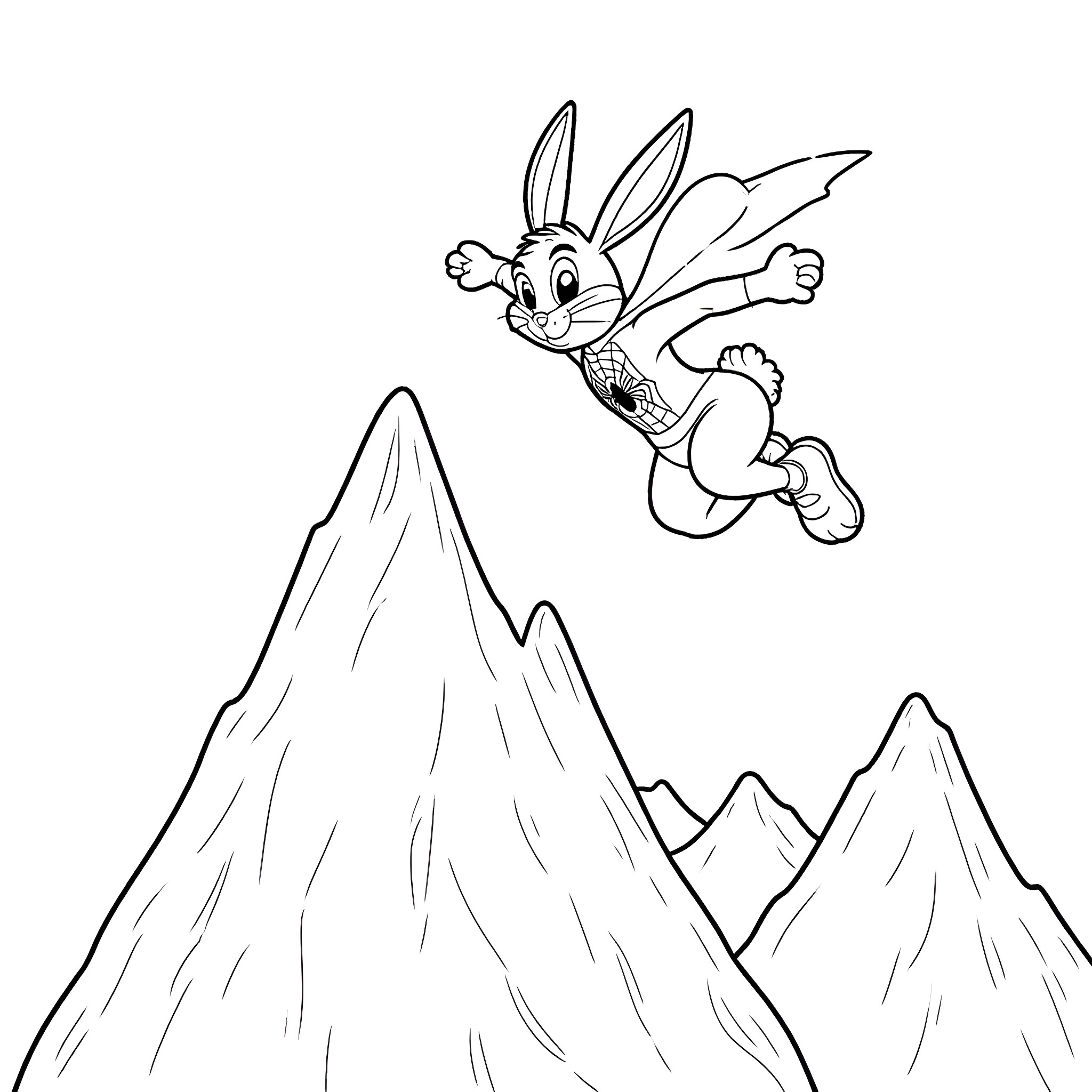 Bugs Bunny soaring through the mountains Coloring Page (free black-and-white line drawing printable PDF for all, from beginners to advanced learners, including children, teens, adults, and seniors)