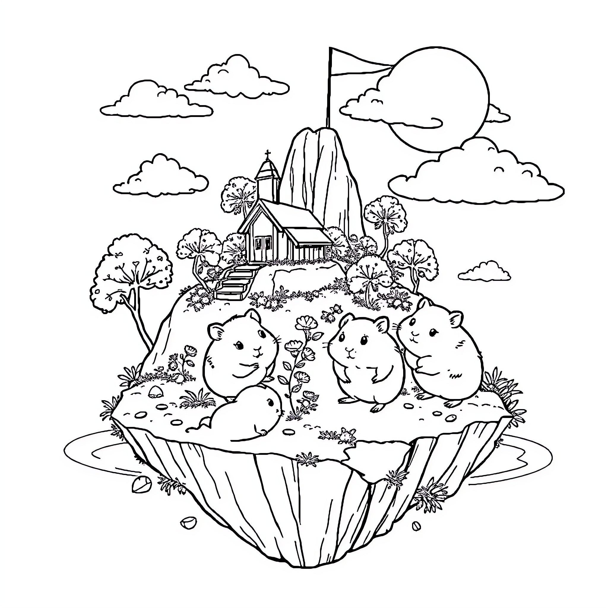 Hamsters playing in a picturesque outdoor scene Coloring Page (free black-and-white line drawing printable PDF for all, from beginners to advanced learners, including children, teens, adults, and seniors)