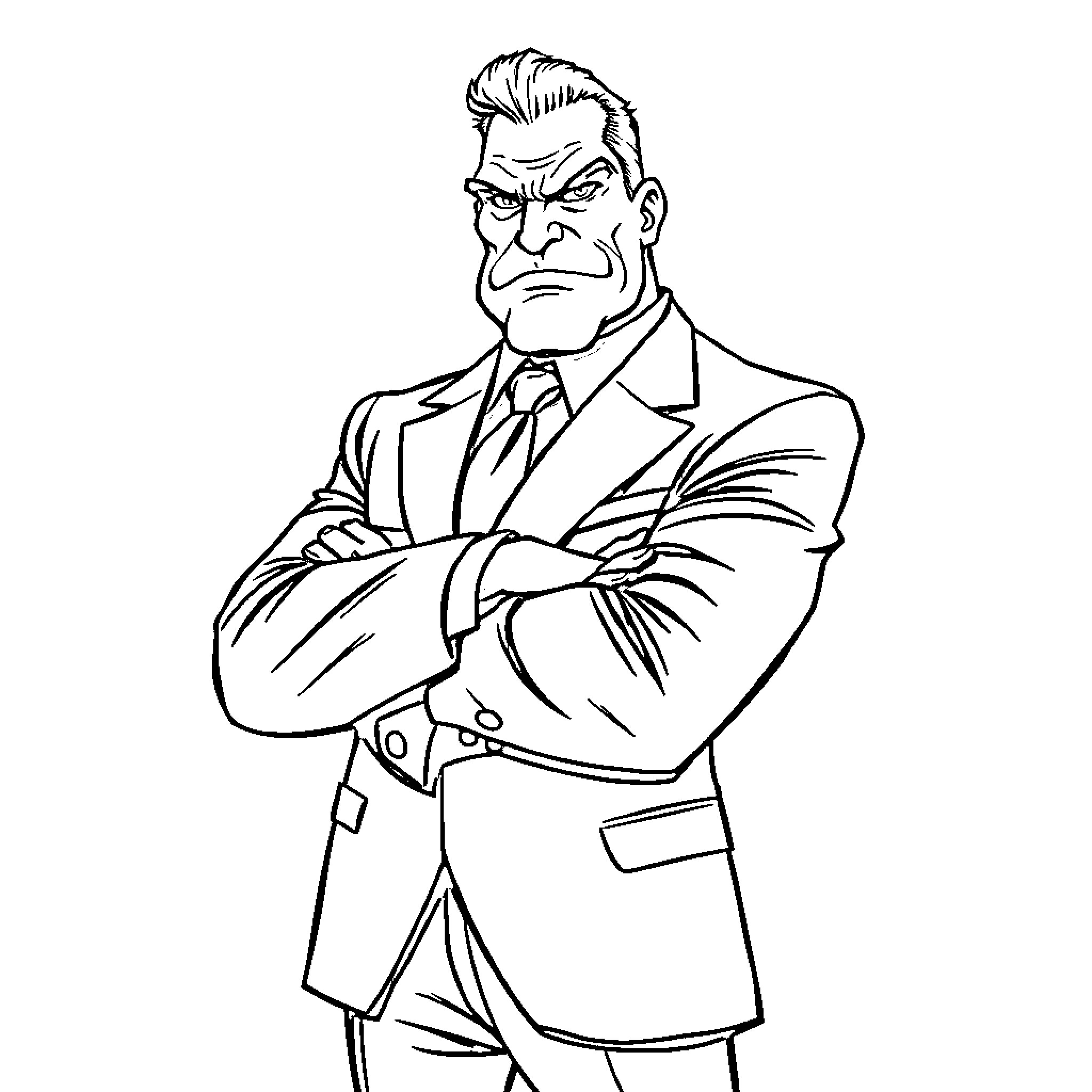 Kingpin's Stern Stare: A Formidable Crime Boss Coloring Page (free black-and-white line drawing printable PDF for all, from beginners to advanced learners, including children, teens, adults, and seniors)