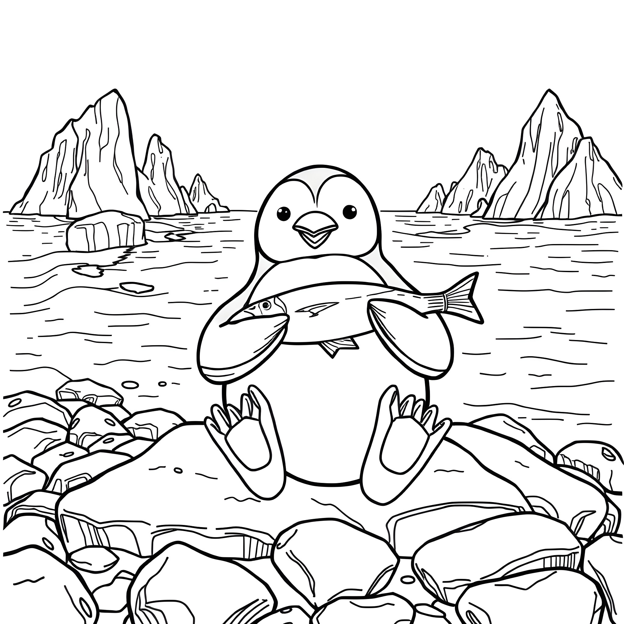 Penguin with a fish in an icy landscape Coloring Page (free black-and-white line drawing printable PDF for all, from beginners to advanced learners, including children, teens, adults, and seniors)