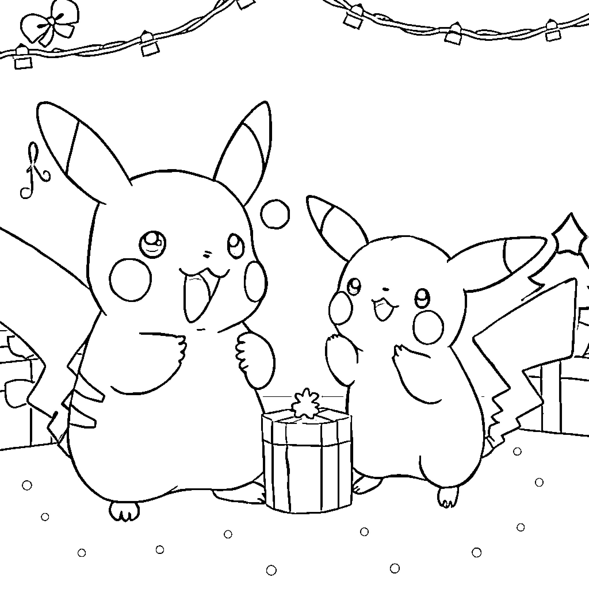 Pikachu sharing a gift with a friend Coloring Page (free black-and-white line drawing printable PDF for all, from beginners to advanced learners, including children, teens, adults, and seniors)