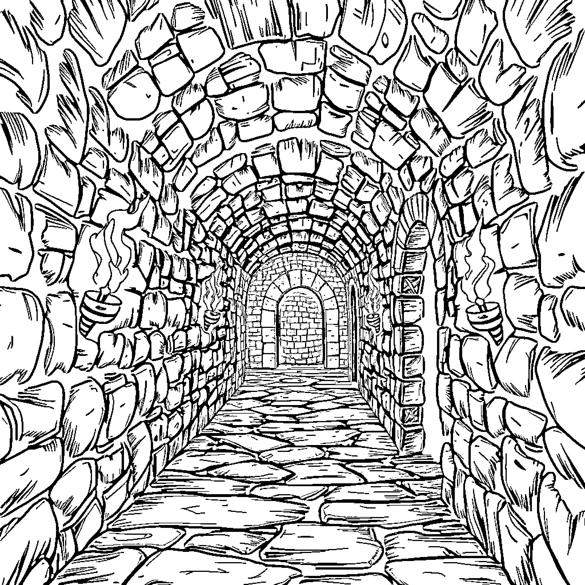 Dungeon Passage with Intricate Stone Walls Coloring Page (free black-and-white line drawing printable PDF for all, from beginners to advanced learners, including children, teens, adults, and seniors)