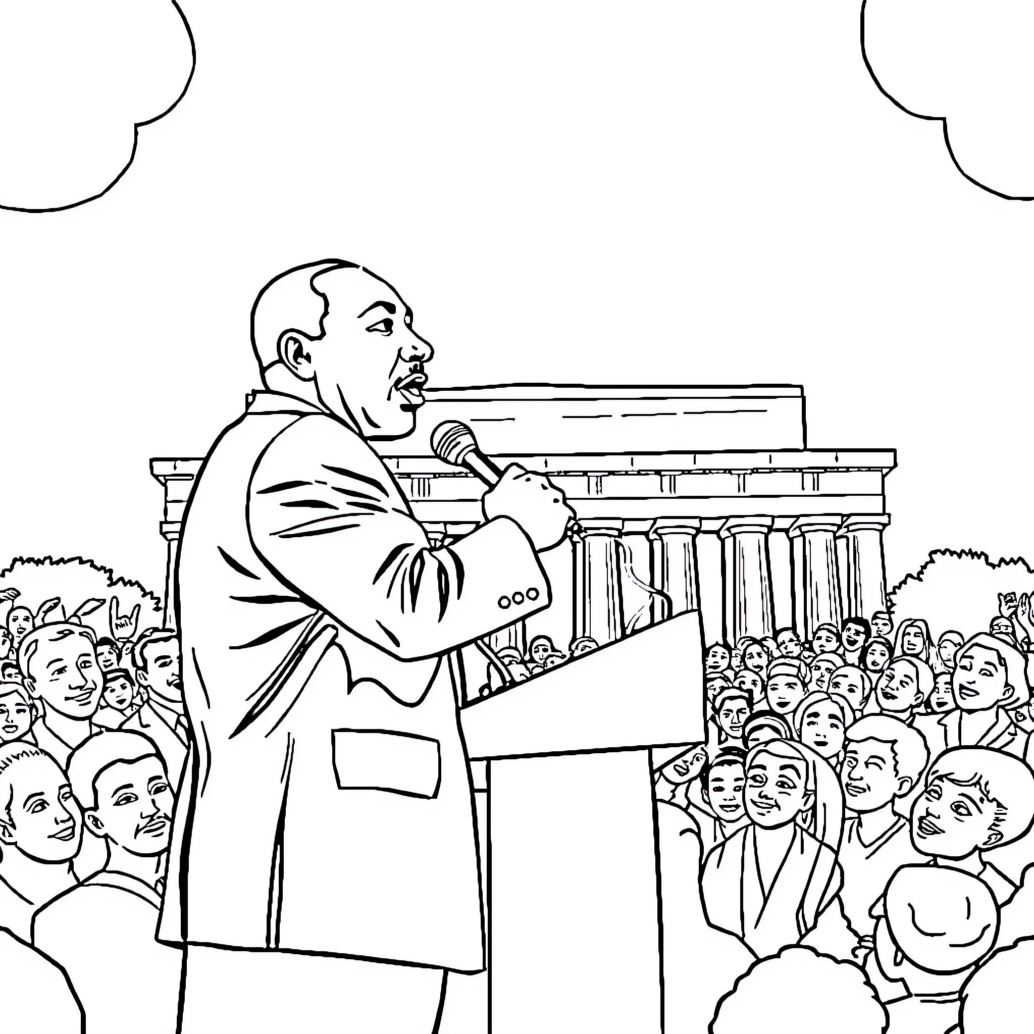 Martin Luther King Jr. Delivering Powerful Speech to Crowd Coloring Page (free black-and-white line drawing printable PDF for all, from beginners to advanced learners, including children, teens, adults, and seniors)