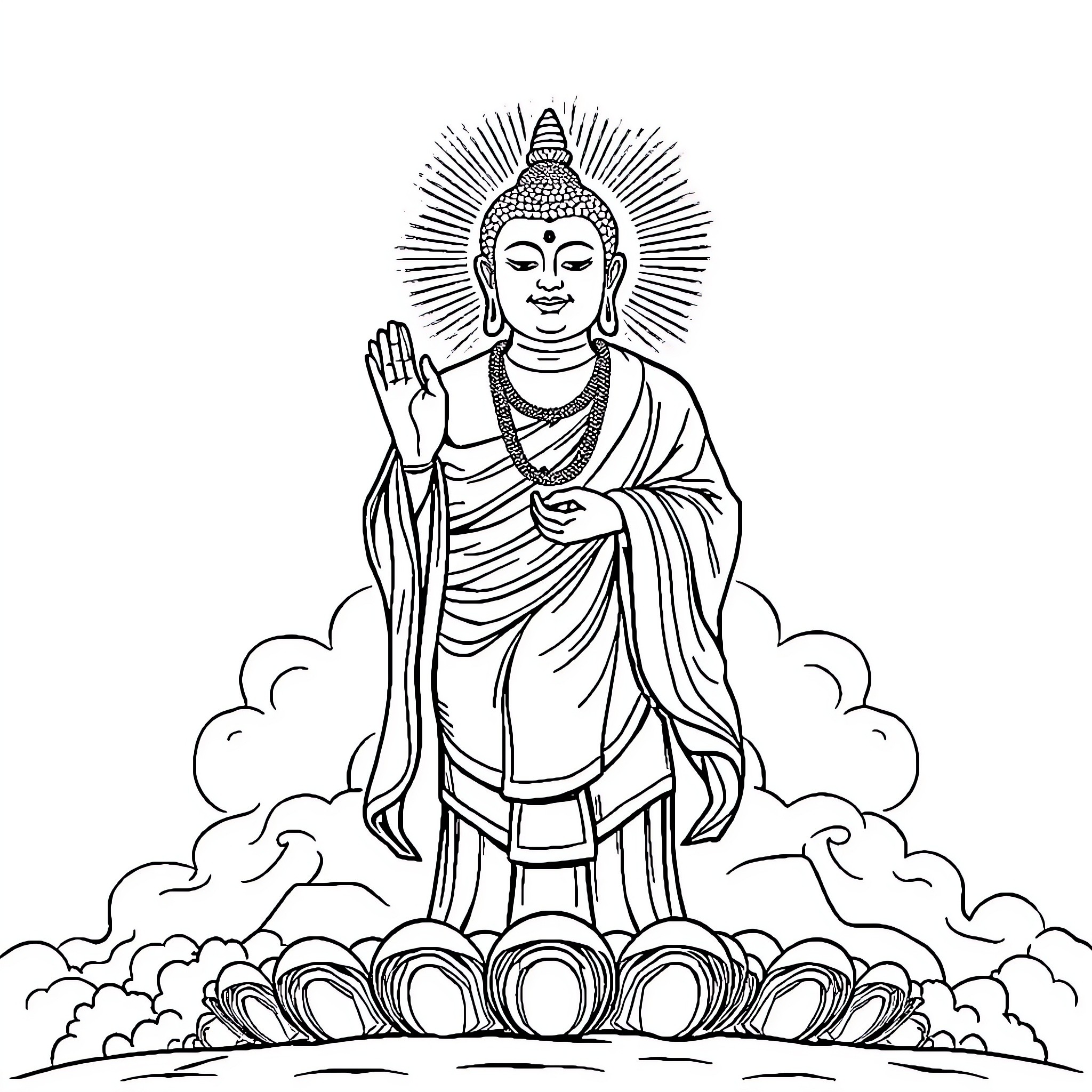 Sreebudha's serene spiritual presence amidst clouds Coloring Page (free black-and-white line drawing printable PDF for all, from beginners to advanced learners, including children, teens, adults, and seniors)