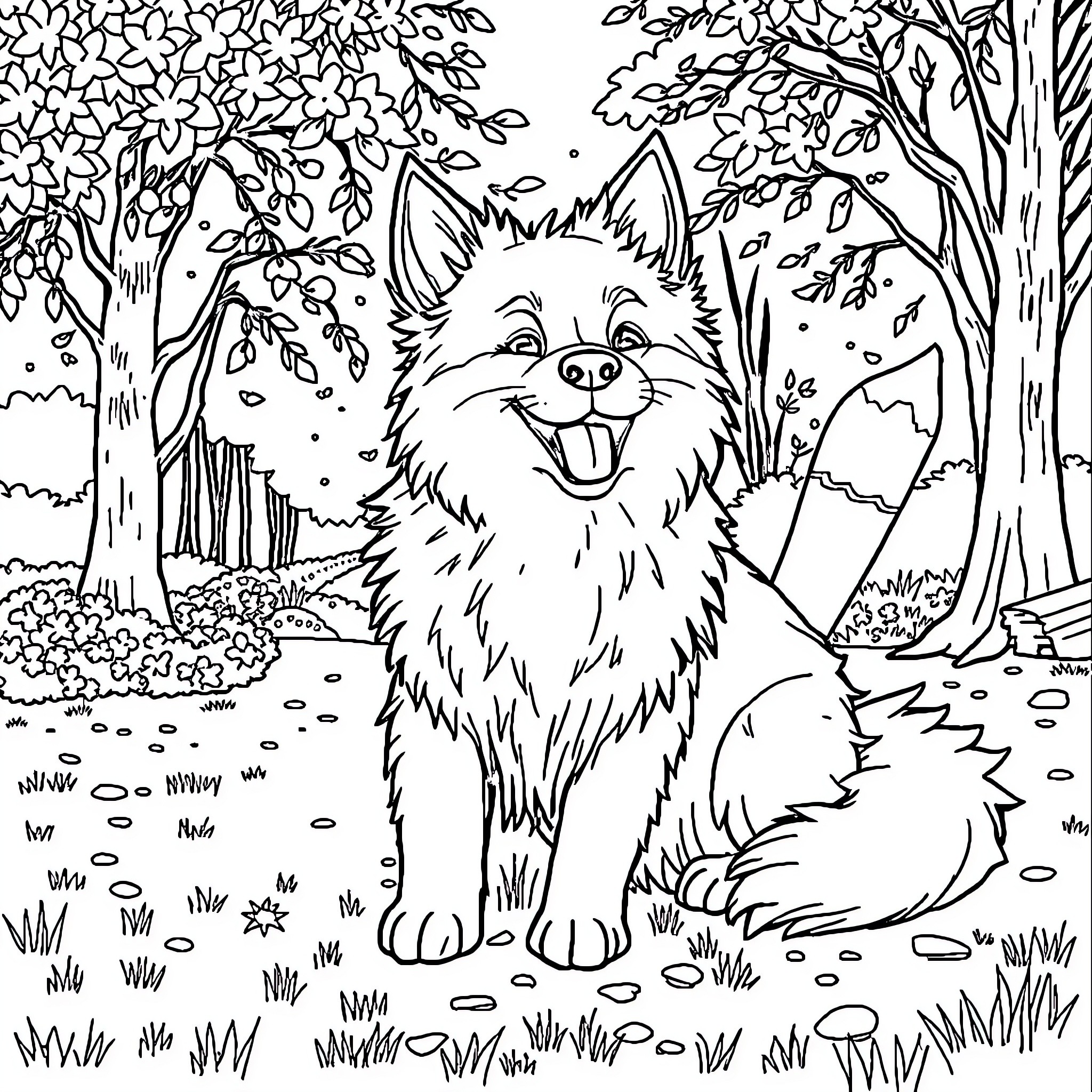 Spitz dog frolicking in the forest Coloring Page (free black-and-white line drawing printable PDF for all, from beginners to advanced learners, including children, teens, adults, and seniors)
