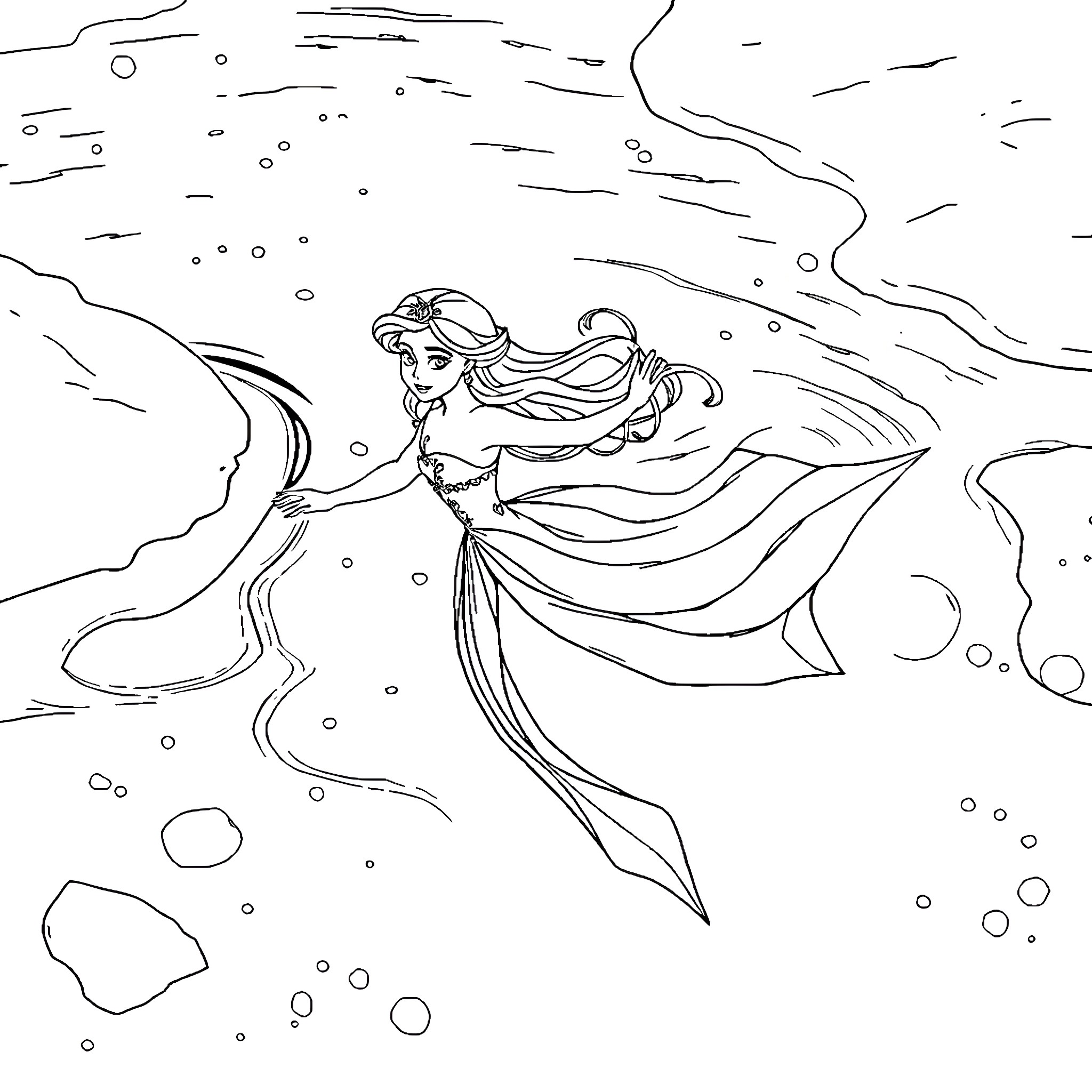 Ice Princess dancing gracefully in the magical sea Coloring Page (free black-and-white line drawing printable PDF for all, from beginners to advanced learners, including children, teens, adults, and seniors)