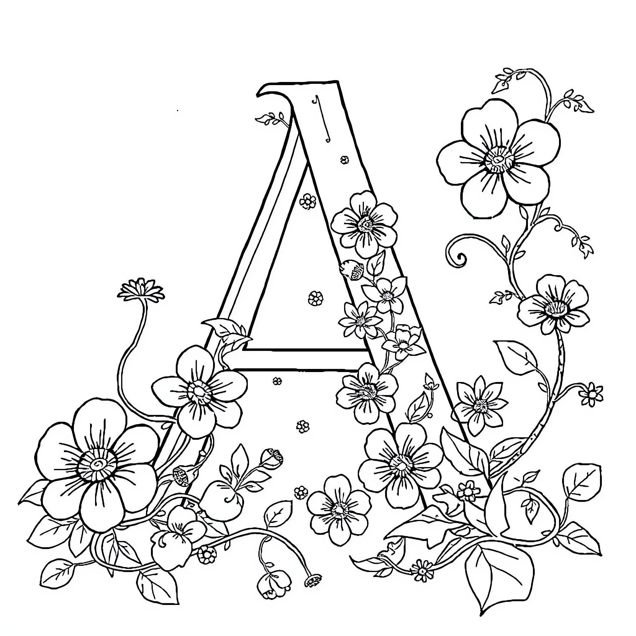 Letter A Adorned with Delicate Floral Designs Coloring Page (free black-and-white line drawing printable PDF for all, from beginners to advanced learners, including children, teens, adults, and seniors)