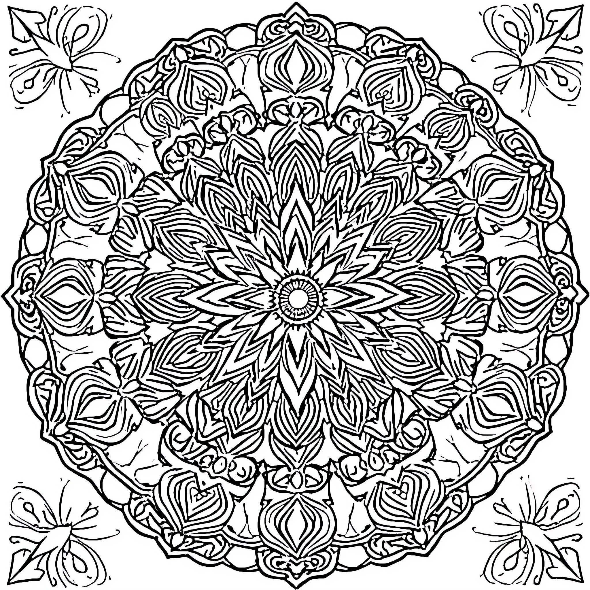 Mandalas with intricate floral patterns and butterflies Coloring Page (free black-and-white line drawing printable PDF for all, from beginners to advanced learners, including children, teens, adults, and seniors)