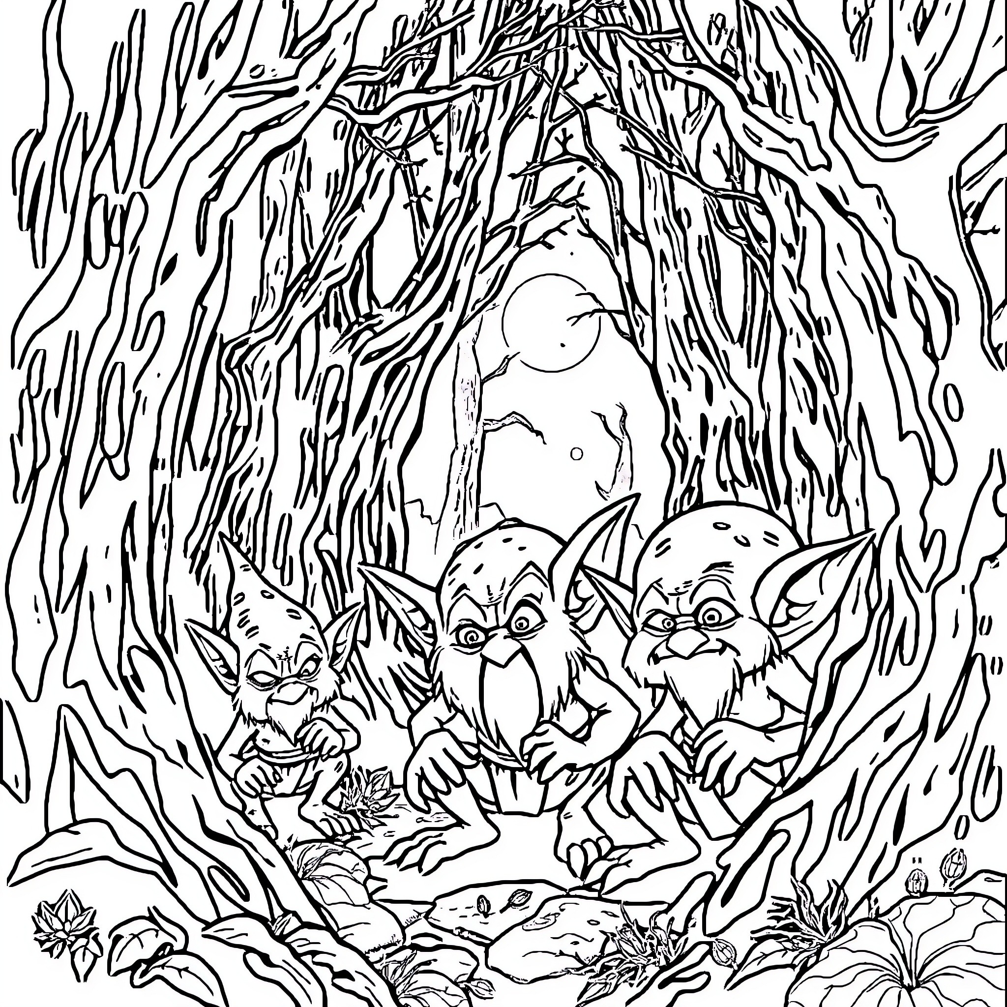 Goblin Creatures Lurking in Mysterious Forest Coloring Page (free black-and-white line drawing printable PDF for all, from beginners to advanced learners, including children, teens, adults, and seniors)
