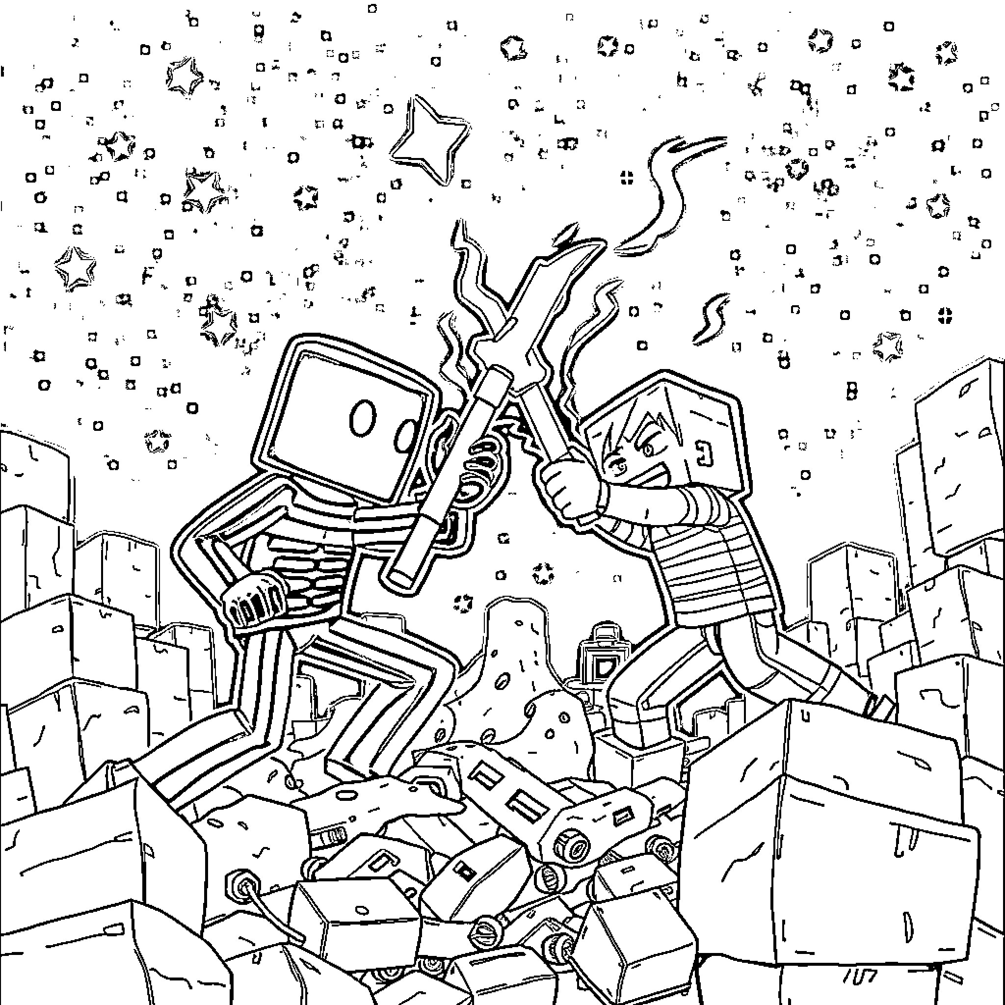 Enderman unleashing telekinetic powers in a city Coloring Page (free black-and-white line drawing printable PDF for all, from beginners to advanced learners, including children, teens, adults, and seniors)
