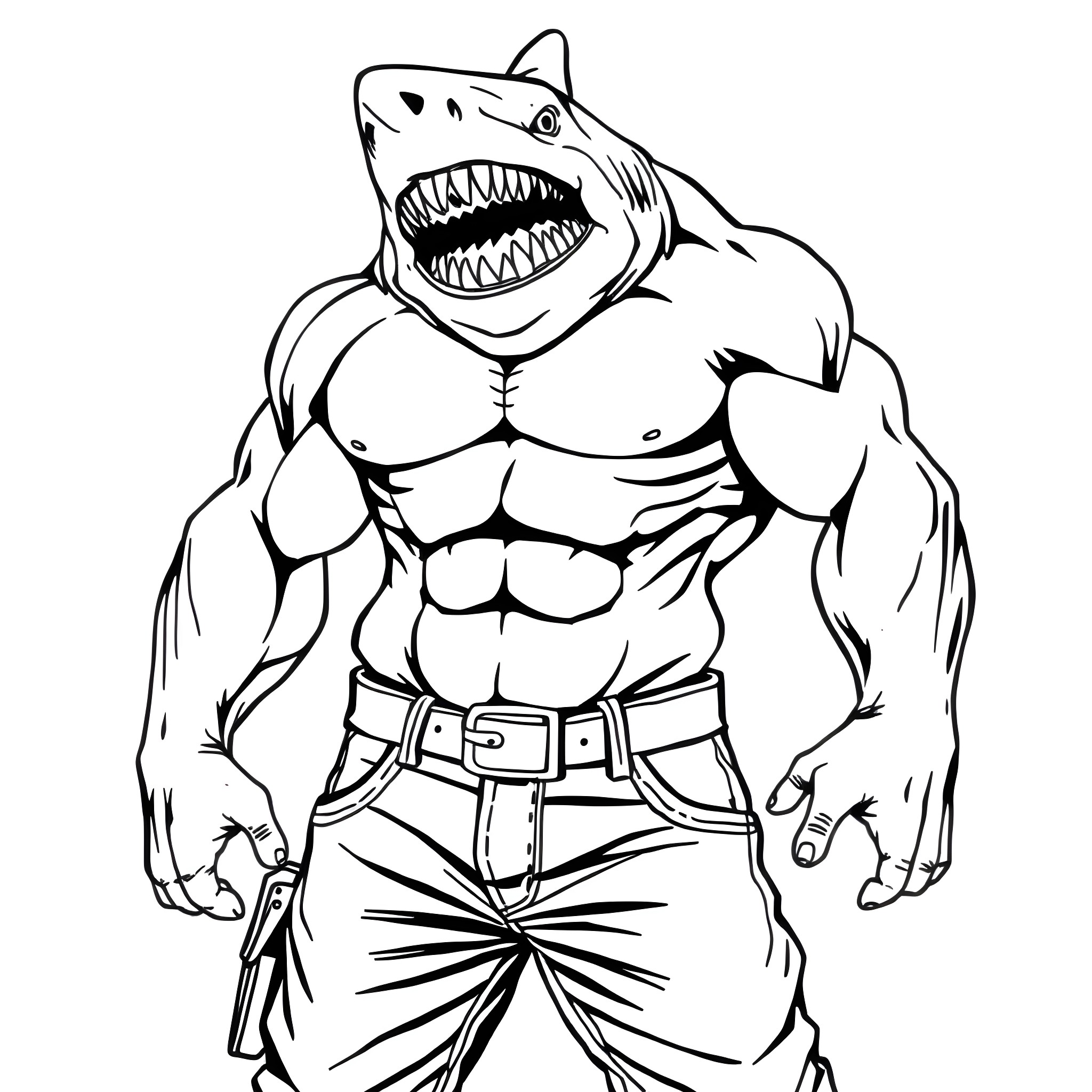 Shark warrior with muscular body Coloring Page (free black-and-white line drawing printable PDF for all, from beginners to advanced learners, including children, teens, adults, and seniors)