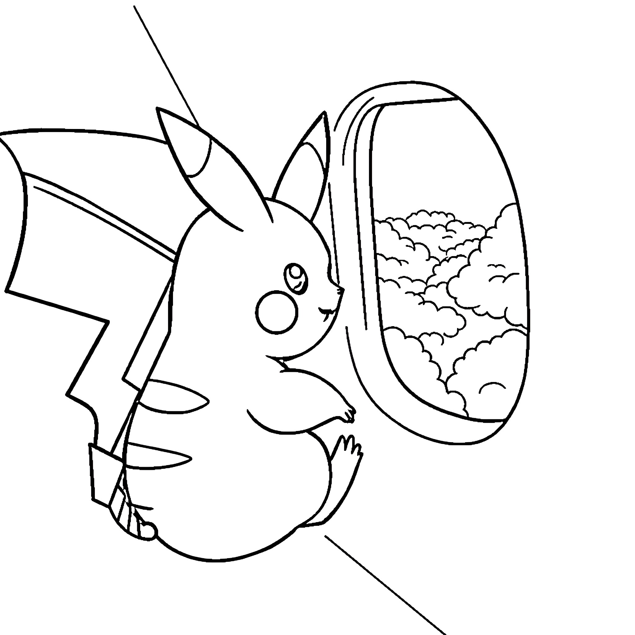 Pikachu enjoying the clouds in the sky Coloring Page (free black-and-white line drawing printable PDF for all, from beginners to advanced learners, including children, teens, adults, and seniors)