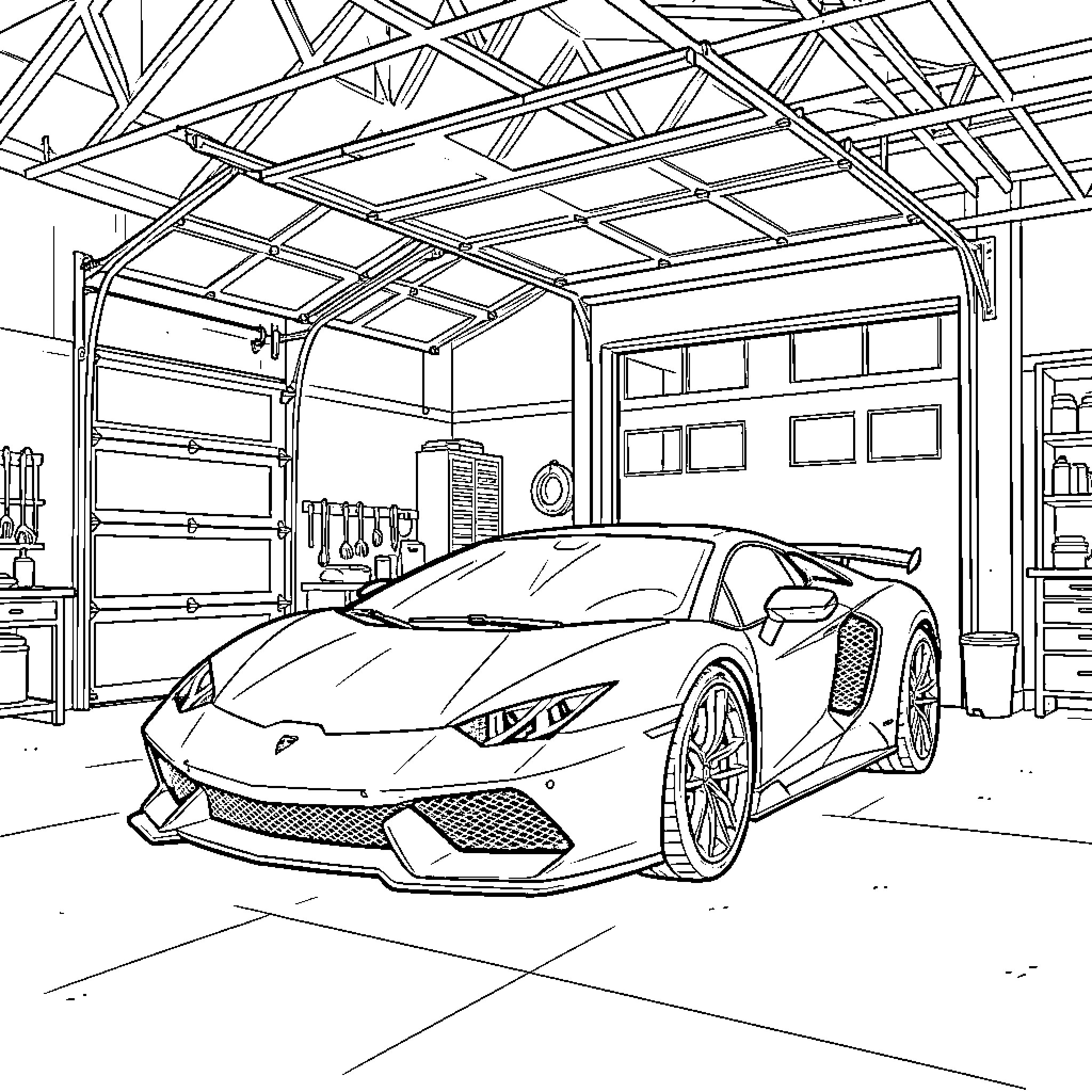 Car parked inside a modern garage workshop Coloring Page (free black-and-white line drawing printable PDF for all, from beginners to advanced learners, including children, teens, adults, and seniors)