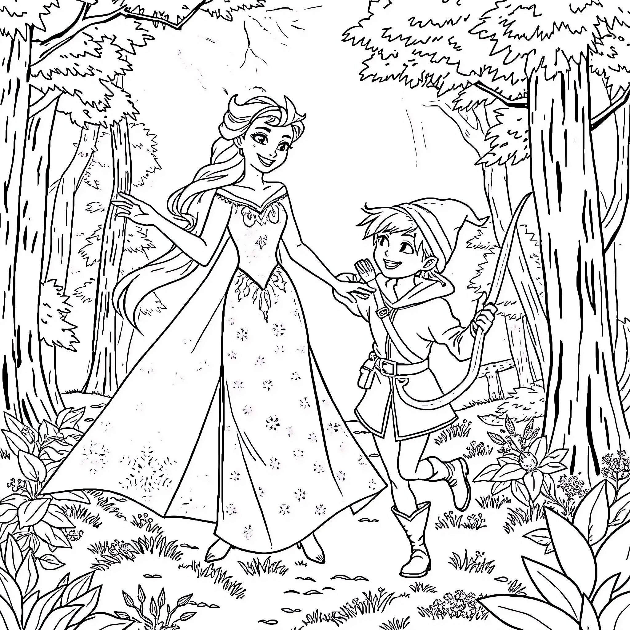 Elsa and Link Adventure in the Enchanted Forest Coloring Page (free black-and-white line drawing printable PDF for all, from beginners to advanced learners, including children, teens, adults, and seniors)