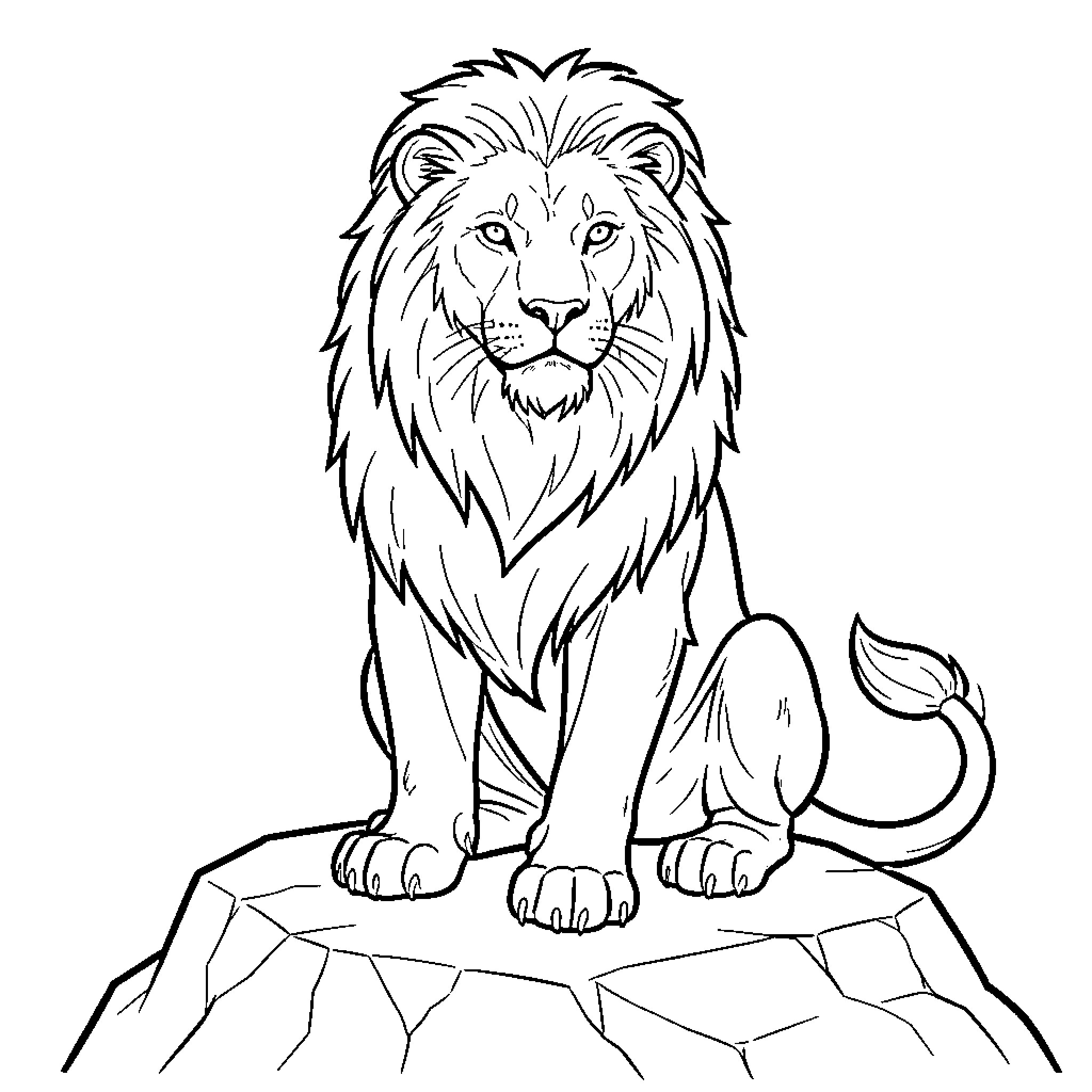 Lion sitting on a rocky ledge Coloring Page (free black-and-white line drawing printable PDF for all, from beginners to advanced learners, including children, teens, adults, and seniors)