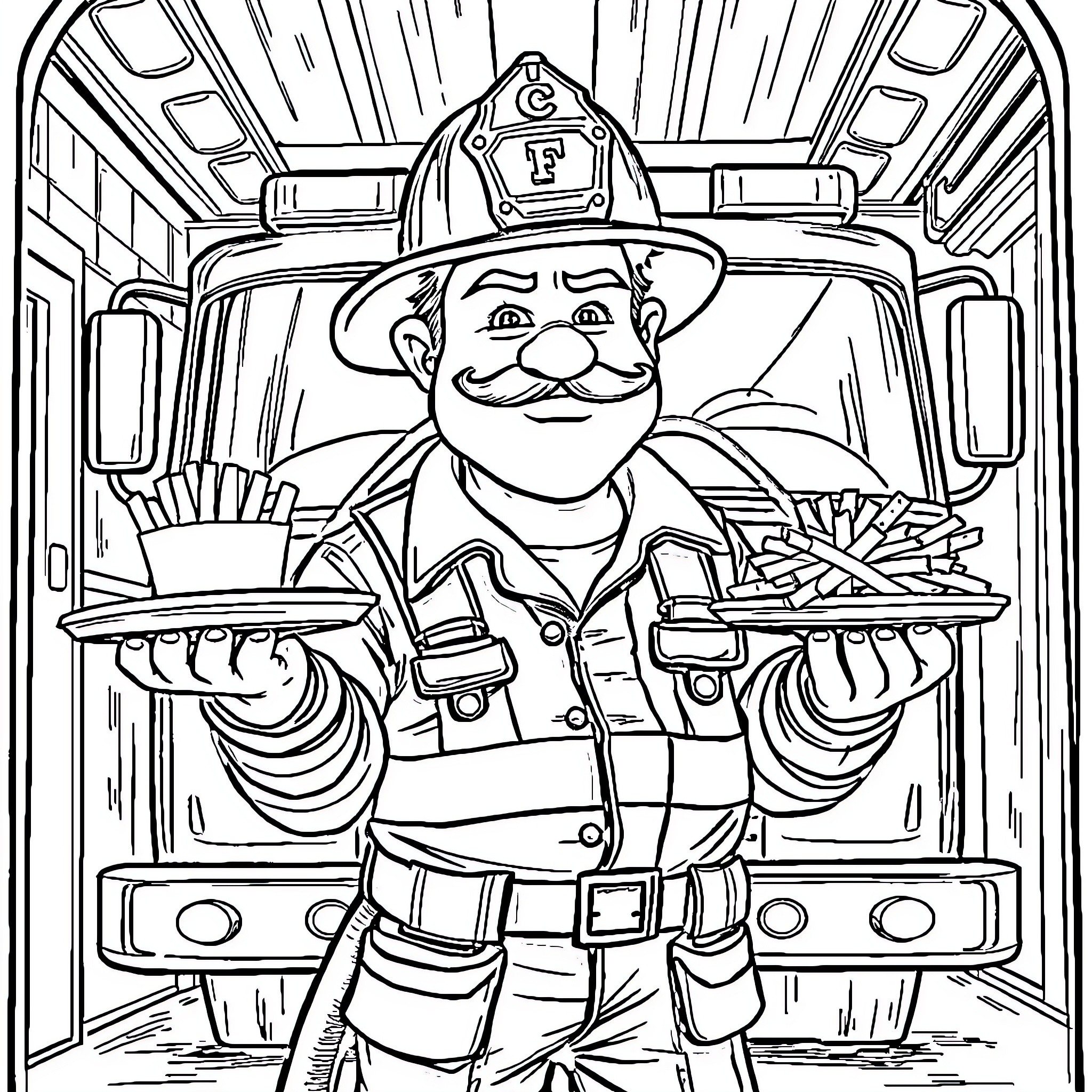 Firefighter in action, rescuing with tools and gear Coloring Page (free black-and-white line drawing printable PDF for all, from beginners to advanced learners, including children, teens, adults, and seniors)