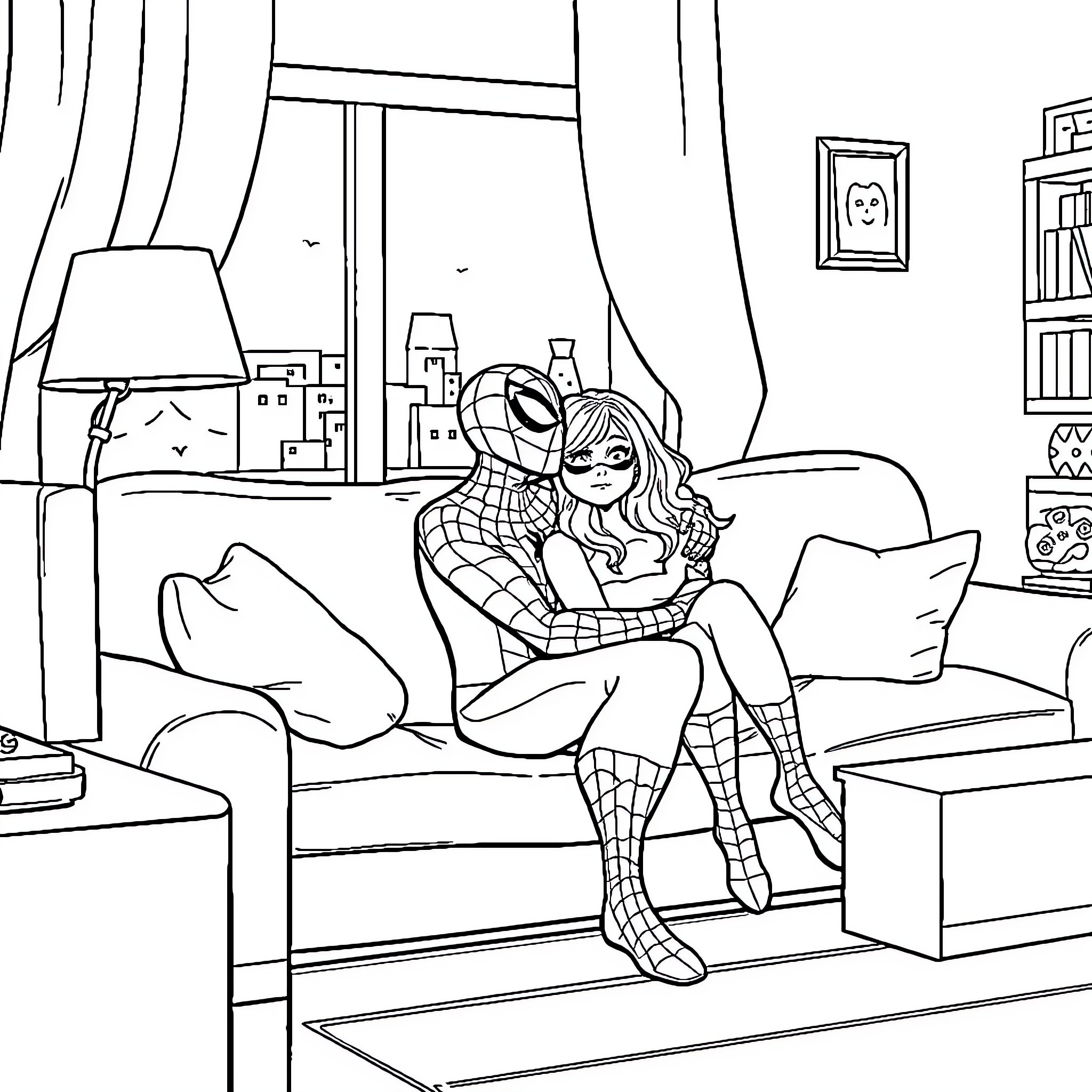 Spiderman and Girlfriend Relaxing at Home Coloring Page (free black-and-white line drawing printable PDF for all, from beginners to advanced learners, including children, teens, adults, and seniors)
