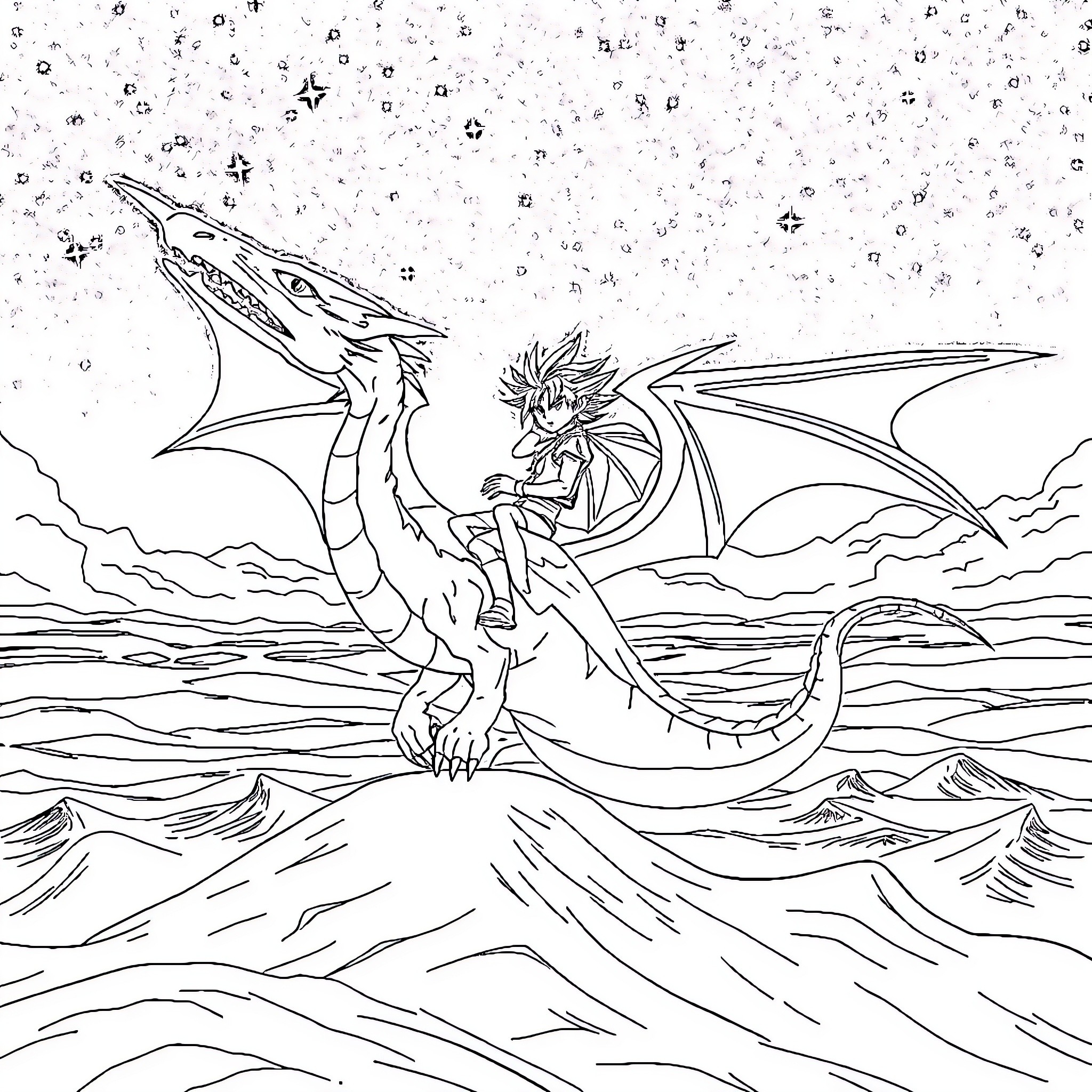 Yami Yugi in a fantastical dragon-like pose Coloring Page (free black-and-white line drawing printable PDF for all, from beginners to advanced learners, including children, teens, adults, and seniors)
