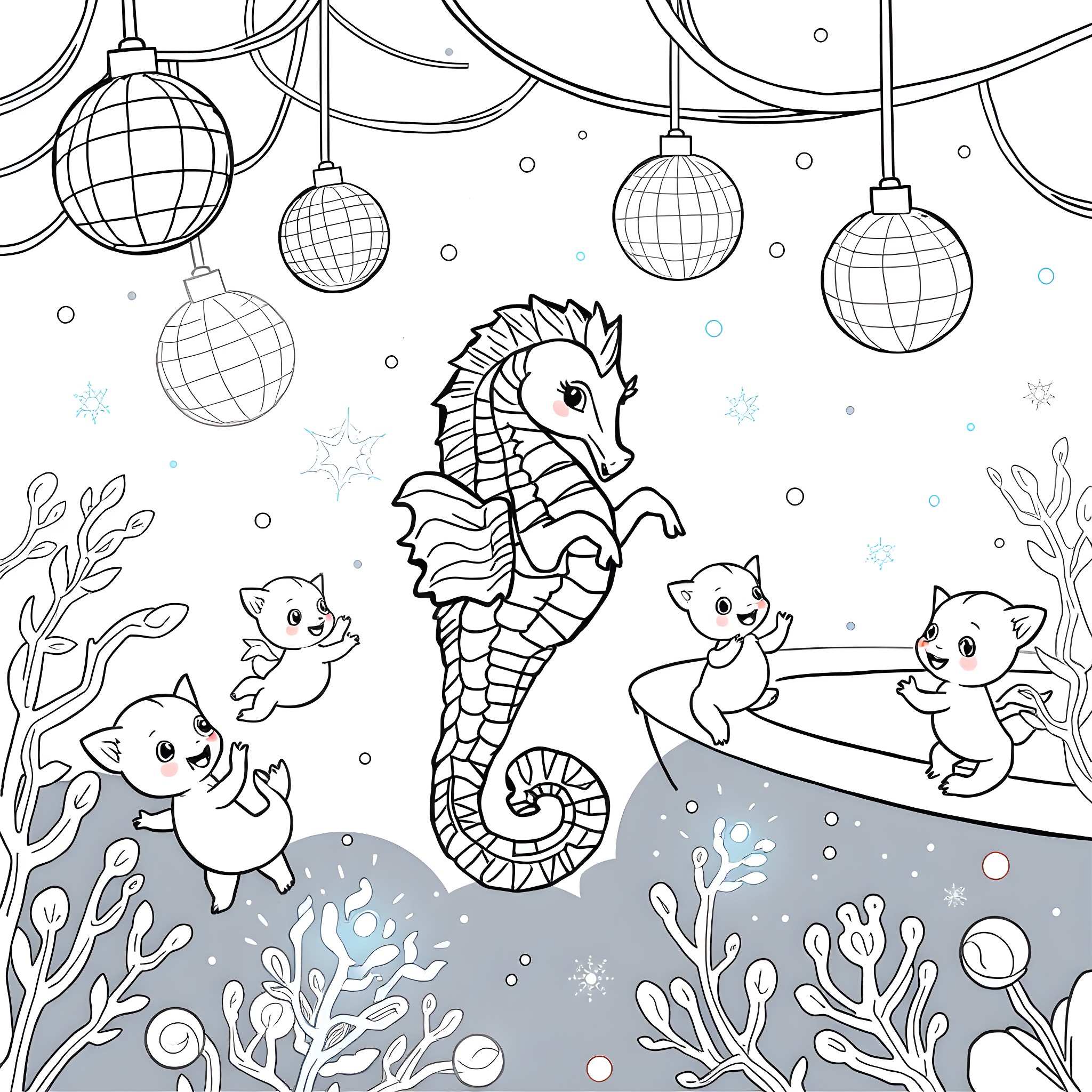 Seahorse and kittens playing under festive lights Coloring Page (free black-and-white line drawing printable PDF for all, from beginners to advanced learners, including children, teens, adults, and seniors)