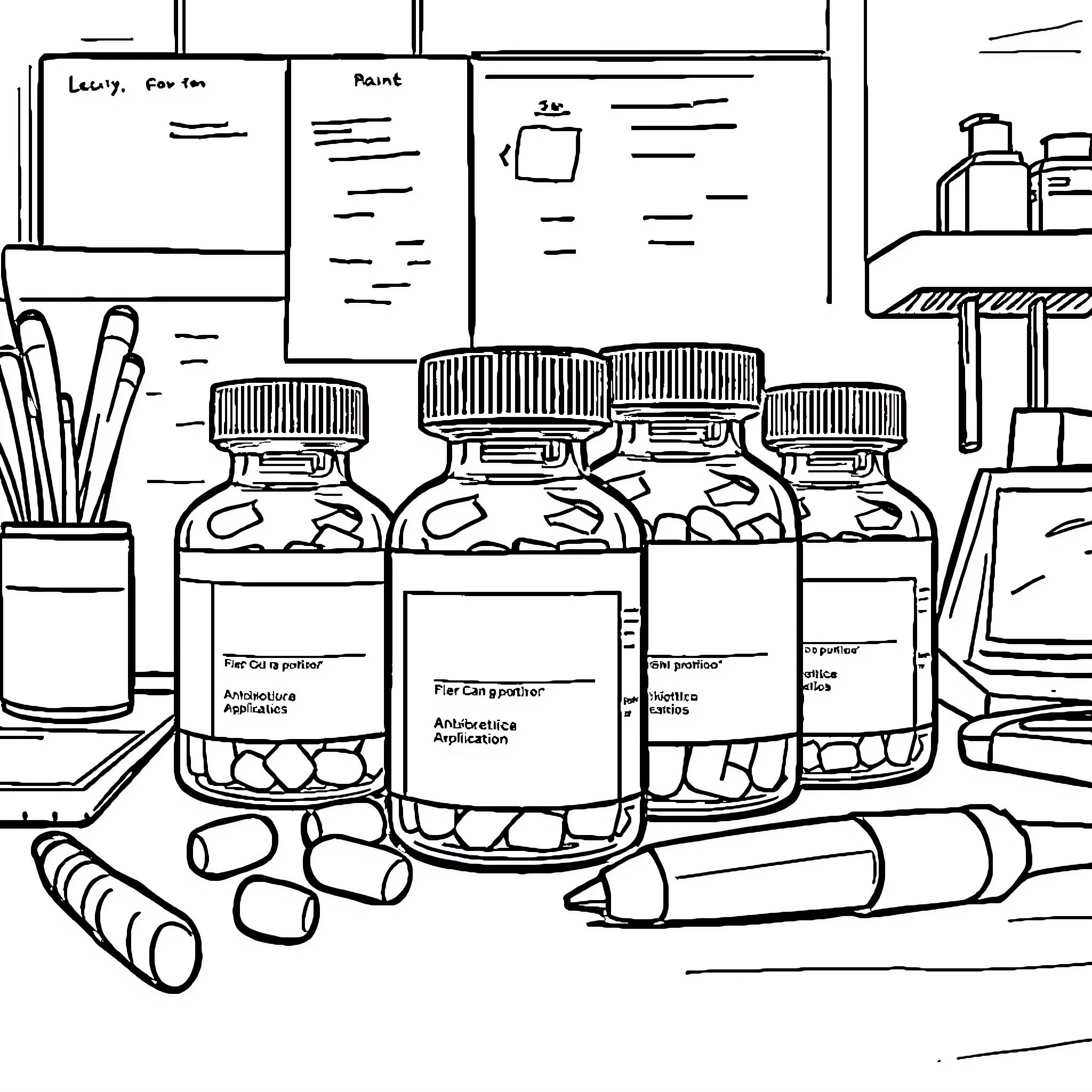 Antibiotic Medications on Laboratory Desk Coloring Page (free black-and-white line drawing printable PDF for all, from beginners to advanced learners, including children, teens, adults, and seniors)