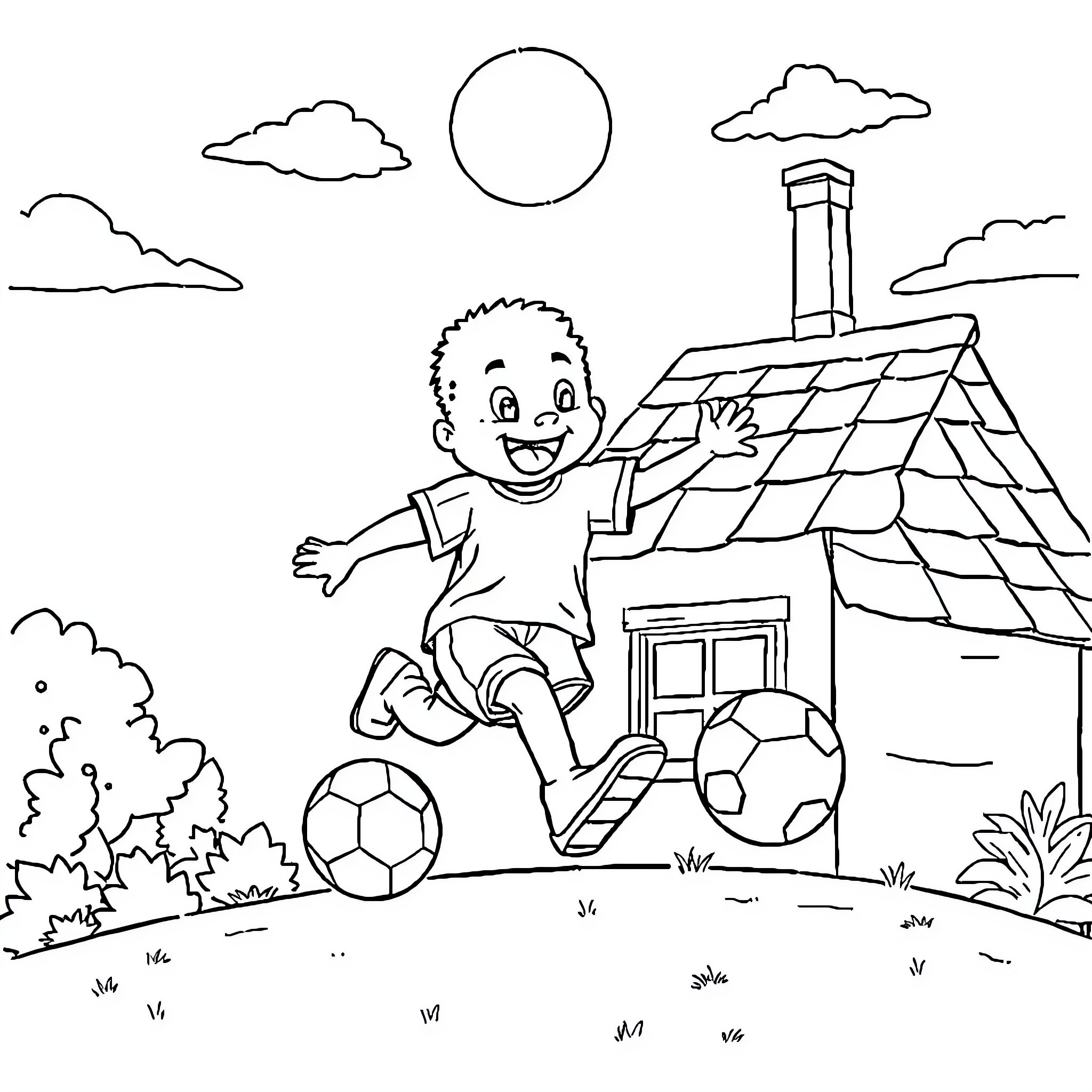 Labubu Happily Kicking Soccer Ball by Cottage Coloring Page (free black-and-white line drawing printable PDF for all, from beginners to advanced learners, including children, teens, adults, and seniors)