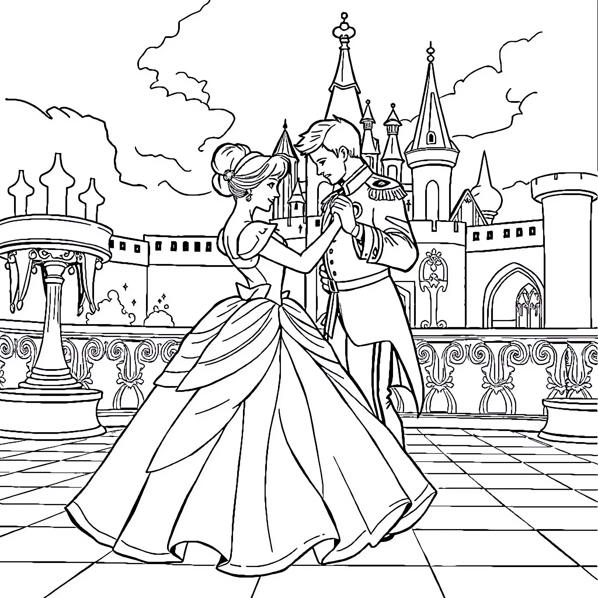 Cinderella's Fairytale Dance at the Castle Coloring Page (free black-and-white line drawing printable PDF for all, from beginners to advanced learners, including children, teens, adults, and seniors)
