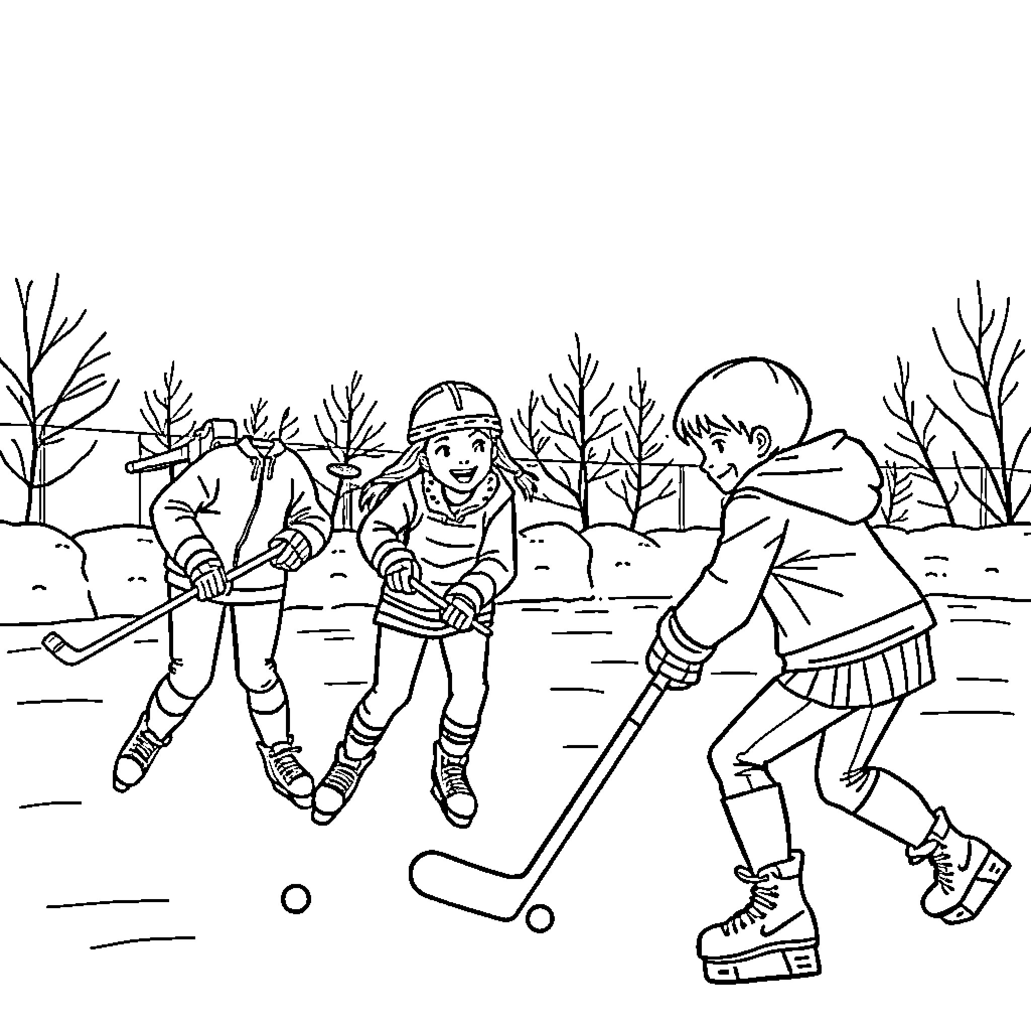 Hockey players on the ice with winter scenery Coloring Page (free black-and-white line drawing printable PDF for all, from beginners to advanced learners, including children, teens, adults, and seniors)