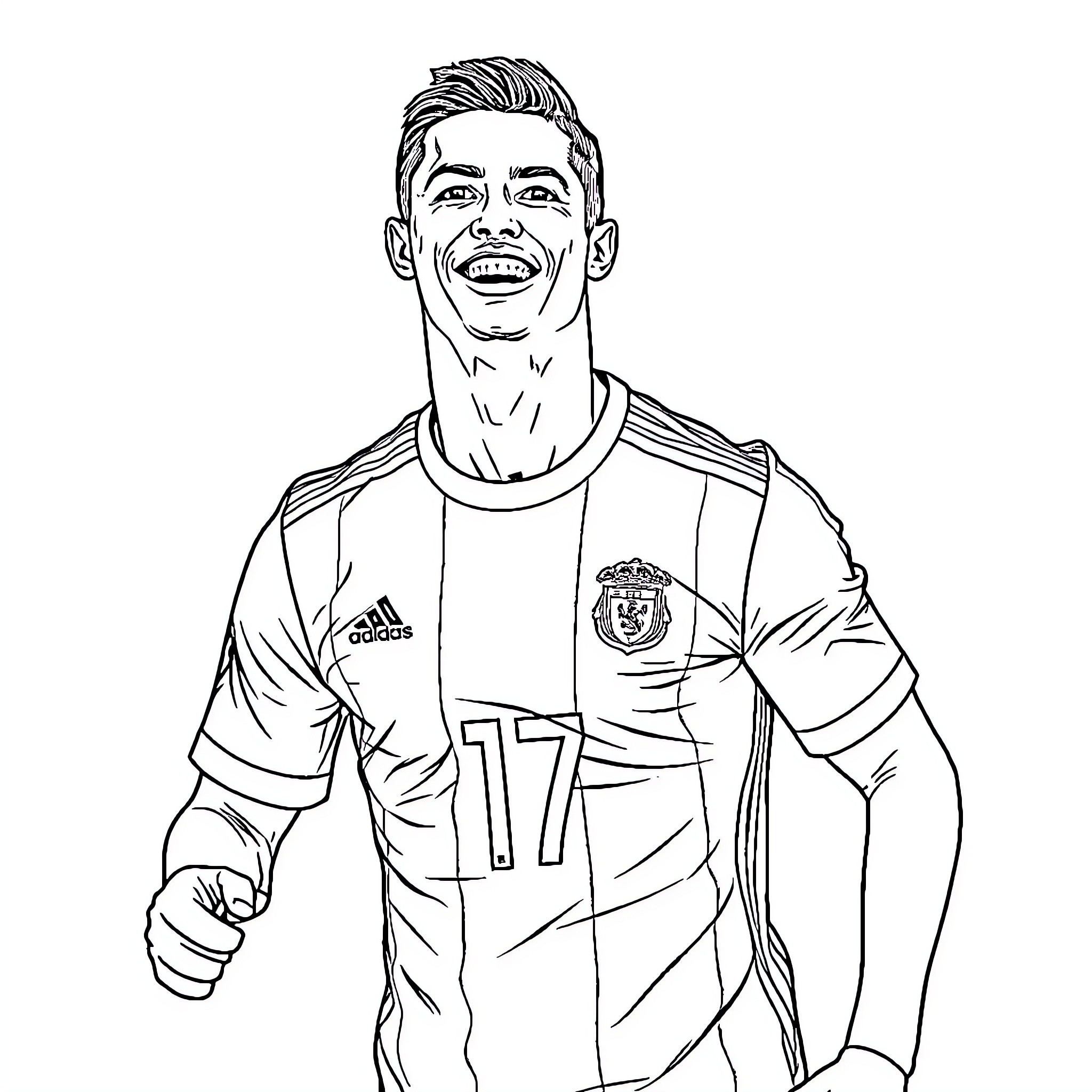 Cristiano Ronaldo smiling in soccer jersey Coloring Page (free black-and-white line drawing printable PDF for all, from beginners to advanced learners, including children, teens, adults, and seniors)