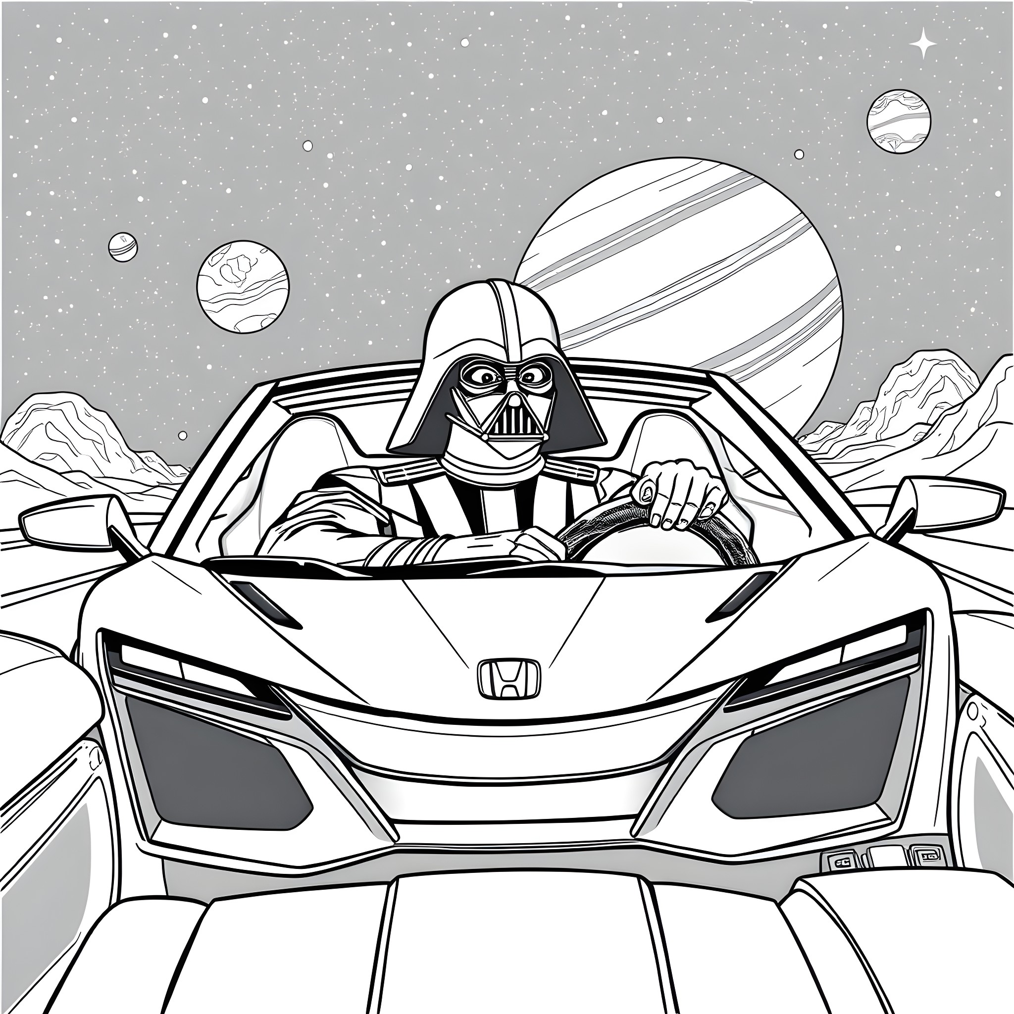 Darth Vader driving futuristic vehicle through space landscape Coloring Page (free black-and-white line drawing printable PDF for all, from beginners to advanced learners, including children, teens, adults, and seniors)