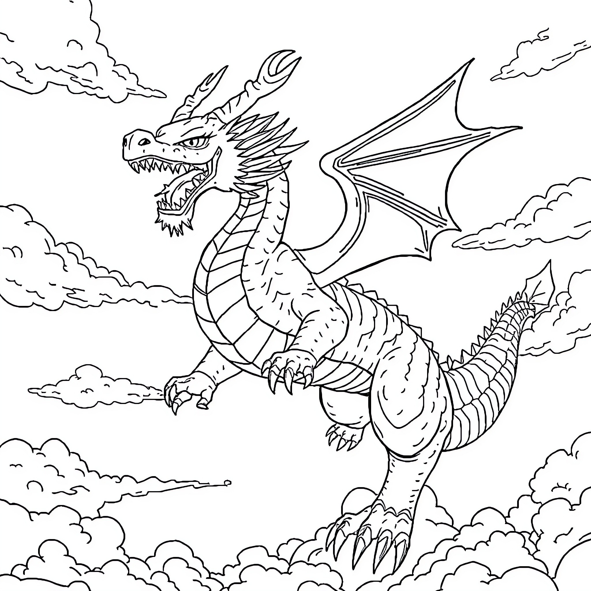 Shenron the Mighty Dragon Soaring Through Clouds Coloring Page (free black-and-white line drawing printable PDF for all, from beginners to advanced learners, including children, teens, adults, and seniors)