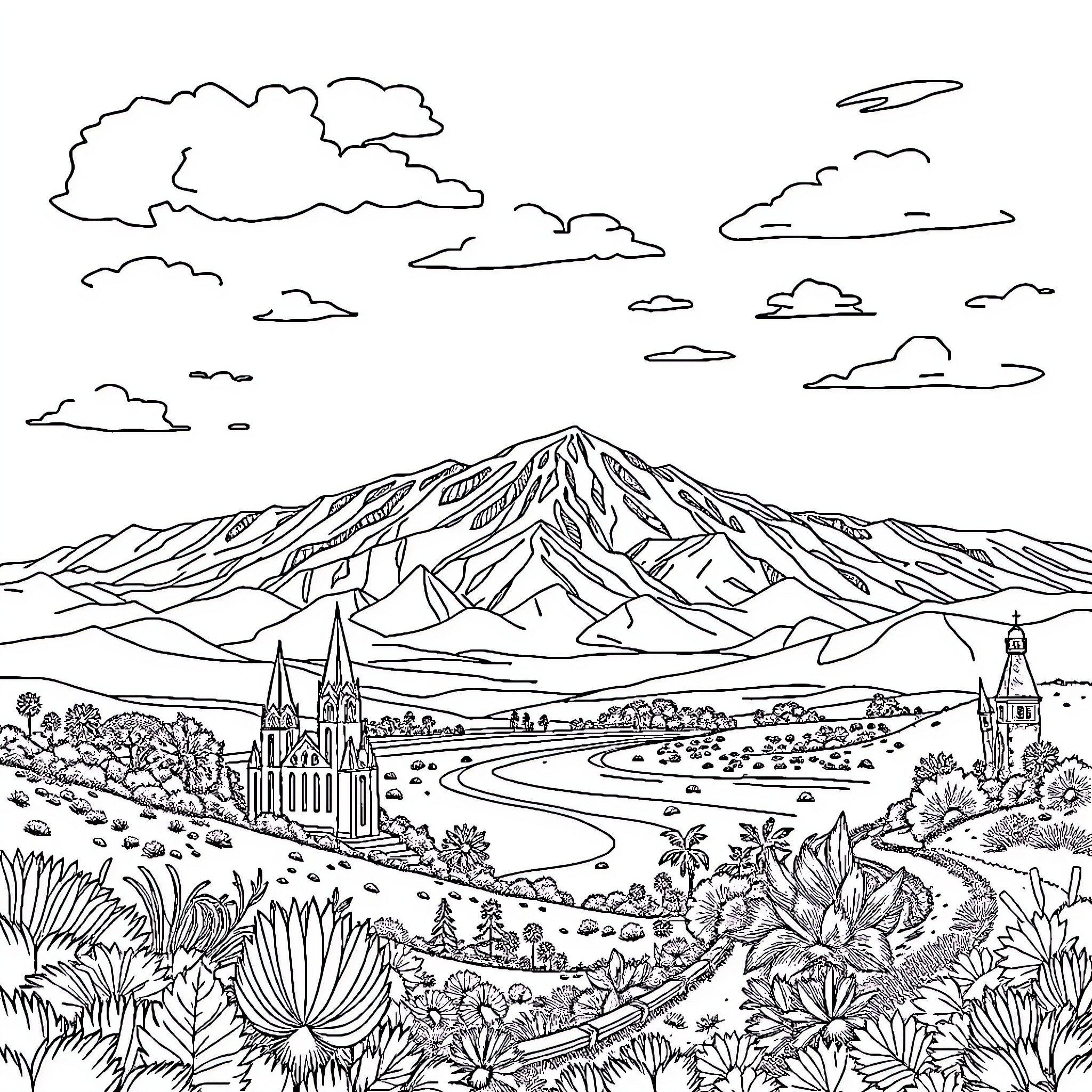Argentina Picturesque Mountain Landscape with Village Coloring Page (free black-and-white line drawing printable PDF for all, from beginners to advanced learners, including children, teens, adults, and seniors)