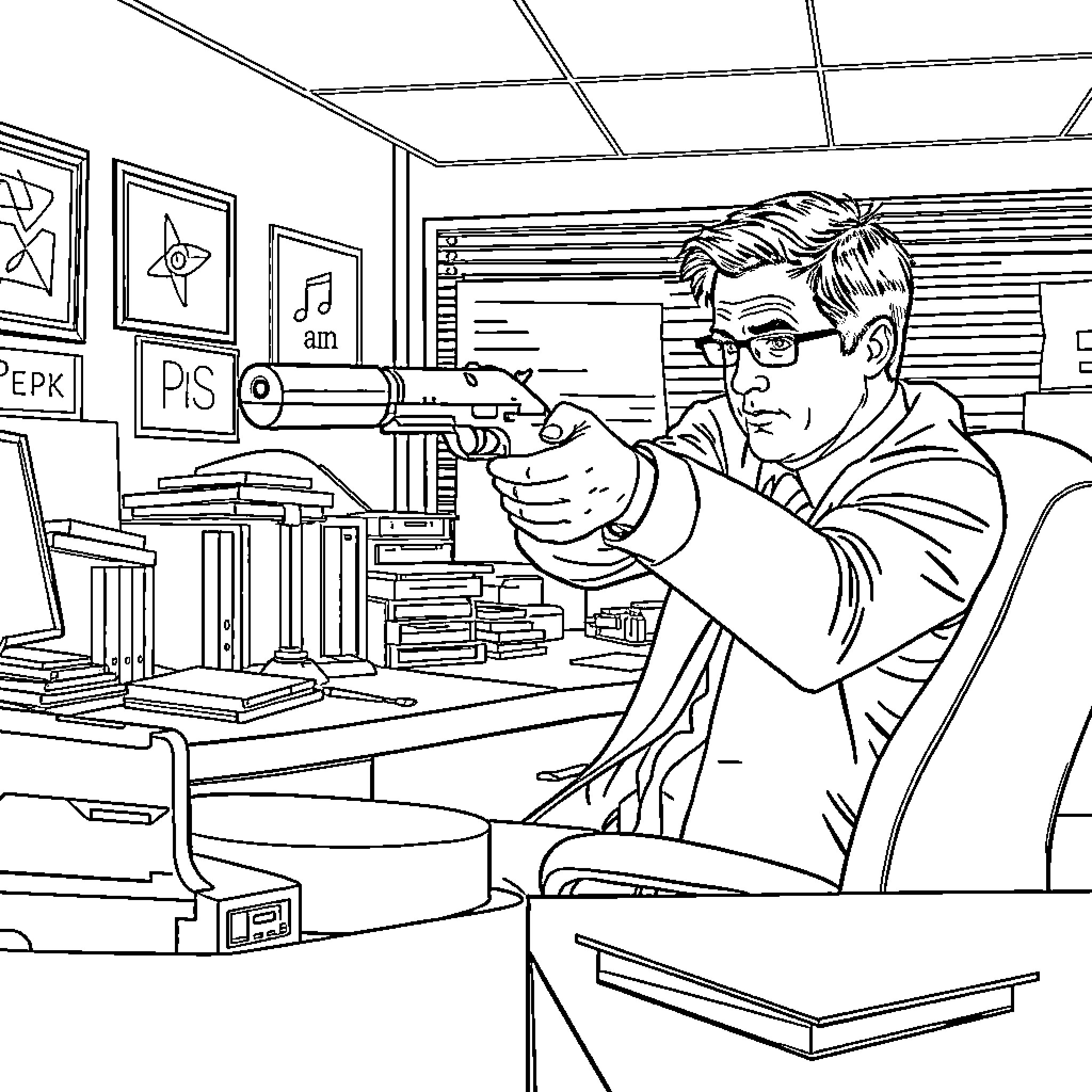 Steve Carell in a tense office scene with a weapon Coloring Page (free black-and-white line drawing printable PDF for all, from beginners to advanced learners, including children, teens, adults, and seniors)