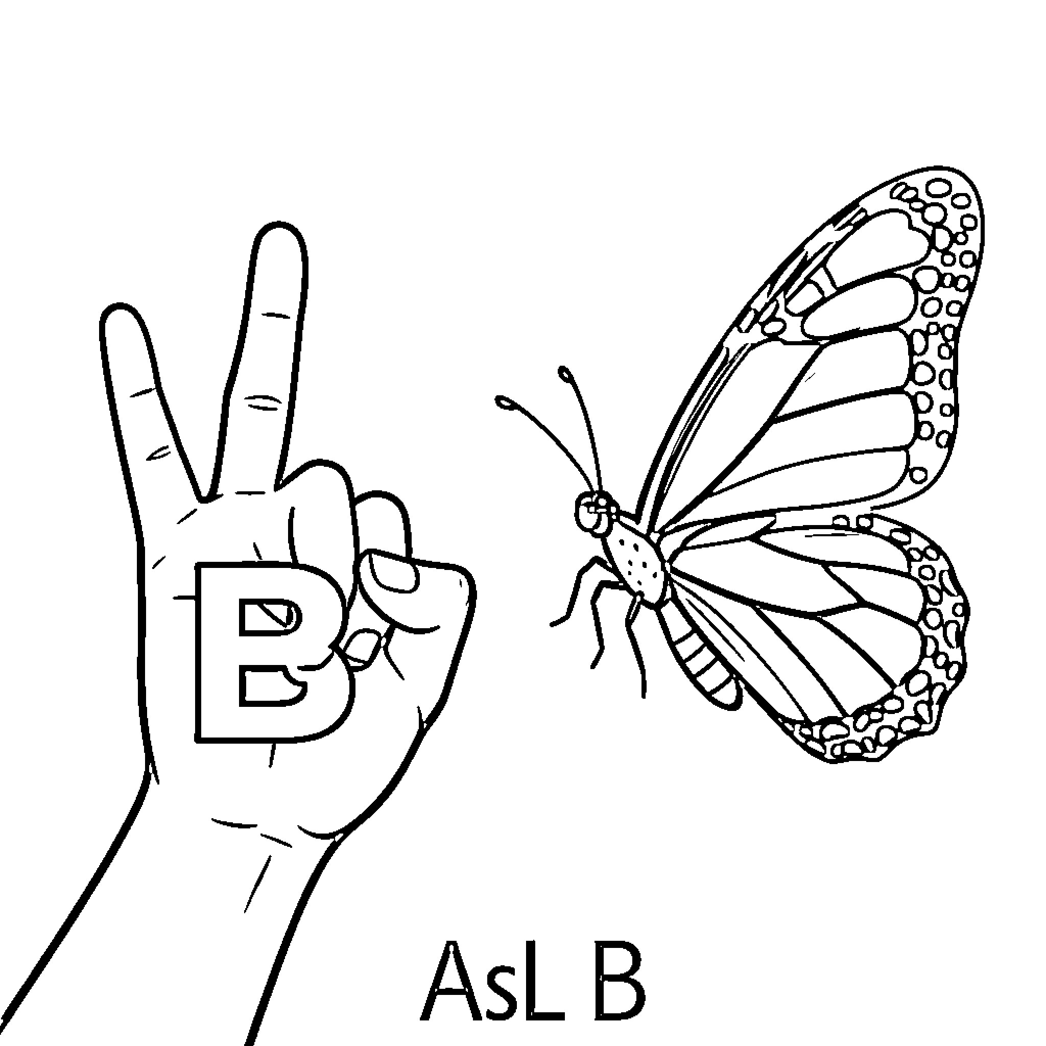 Butterfly sign language gesture with insect Coloring Page (free black-and-white line drawing printable PDF for all, from beginners to advanced learners, including children, teens, adults, and seniors)