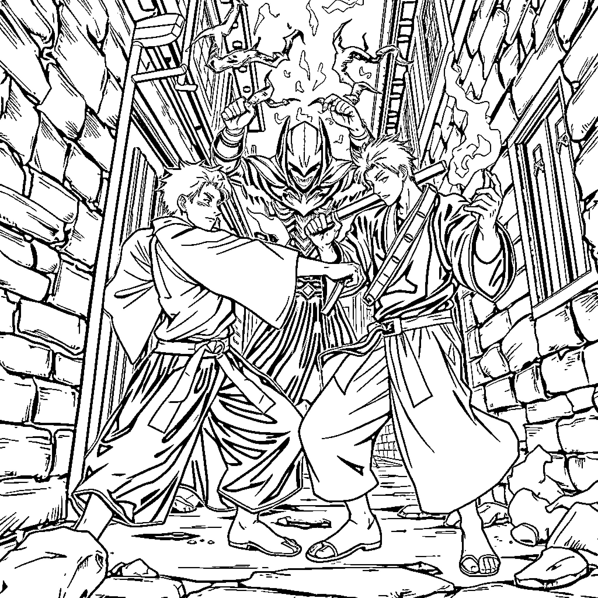 Brothers battling fierce foes in an epic showdown Coloring Page (free black-and-white line drawing printable PDF for all, from beginners to advanced learners, including children, teens, adults, and seniors)