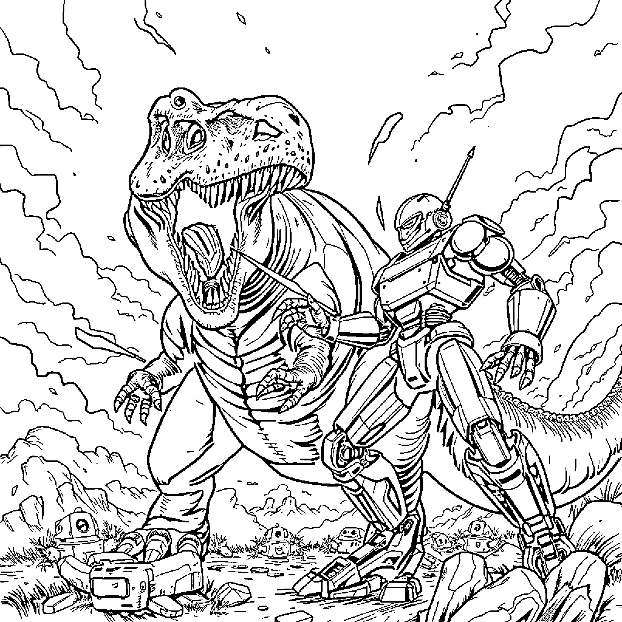 Dinosaur Confrontation with Futuristic Robot Coloring Page (free black-and-white line drawing printable PDF for all, from beginners to advanced learners, including children, teens, adults, and seniors)