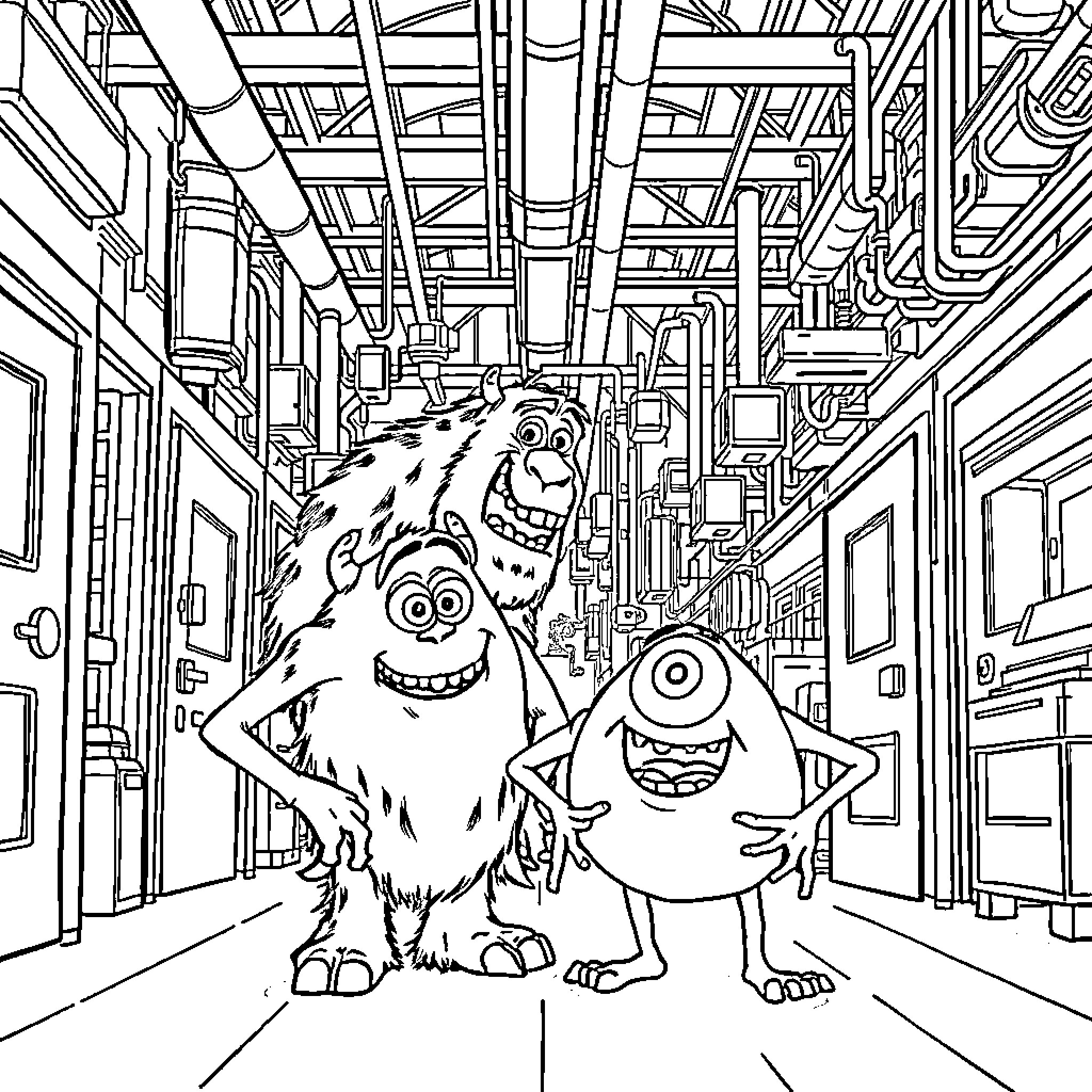 Sully and Mike Wazowski Explore the Factory Coloring Page (free black-and-white line drawing printable PDF for all, from beginners to advanced learners, including children, teens, adults, and seniors)
