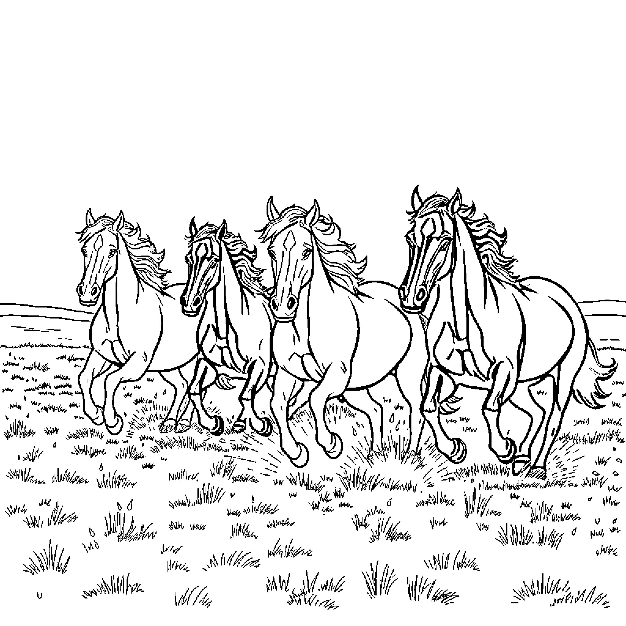 Horse herd galloping across the field Coloring Page (free black-and-white line drawing printable PDF for all, from beginners to advanced learners, including children, teens, adults, and seniors)