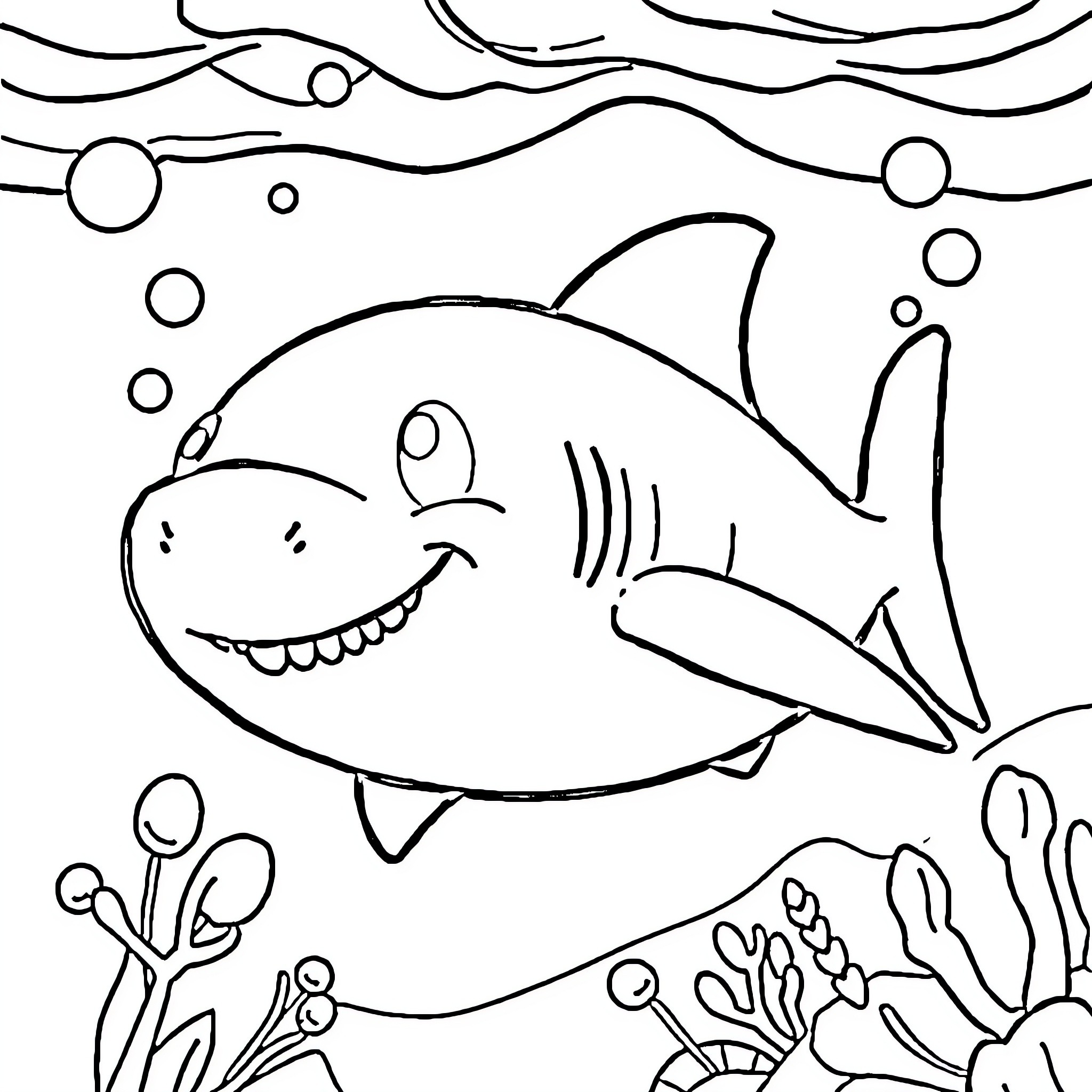 Baby Shark swimming happily in the ocean Coloring Page (free black-and-white line drawing printable PDF for all, from beginners to advanced learners, including children, teens, adults, and seniors)