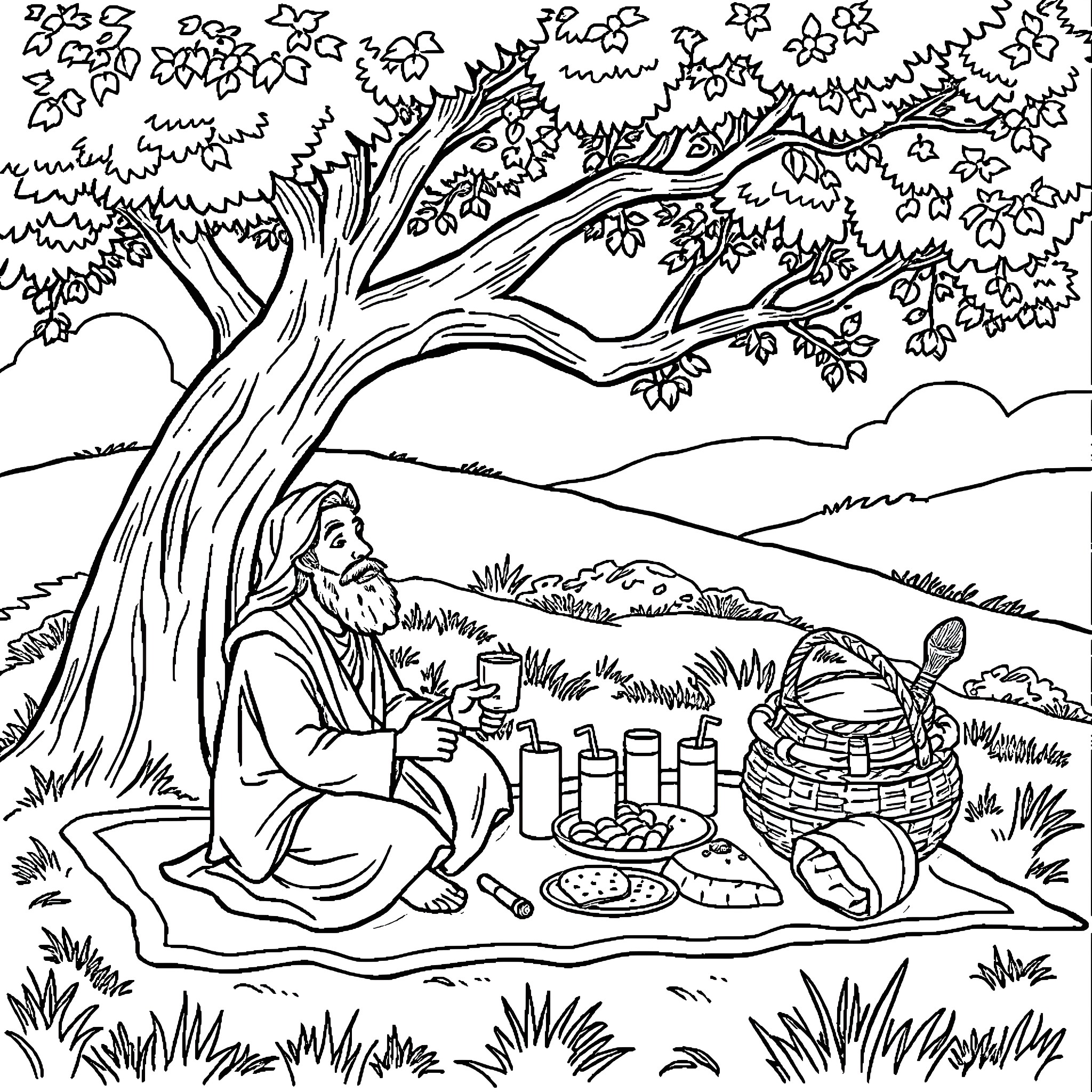 Moses Enjoying a Peaceful Picnic in Nature Coloring Page (free black-and-white line drawing printable PDF for all, from beginners to advanced learners, including children, teens, adults, and seniors)