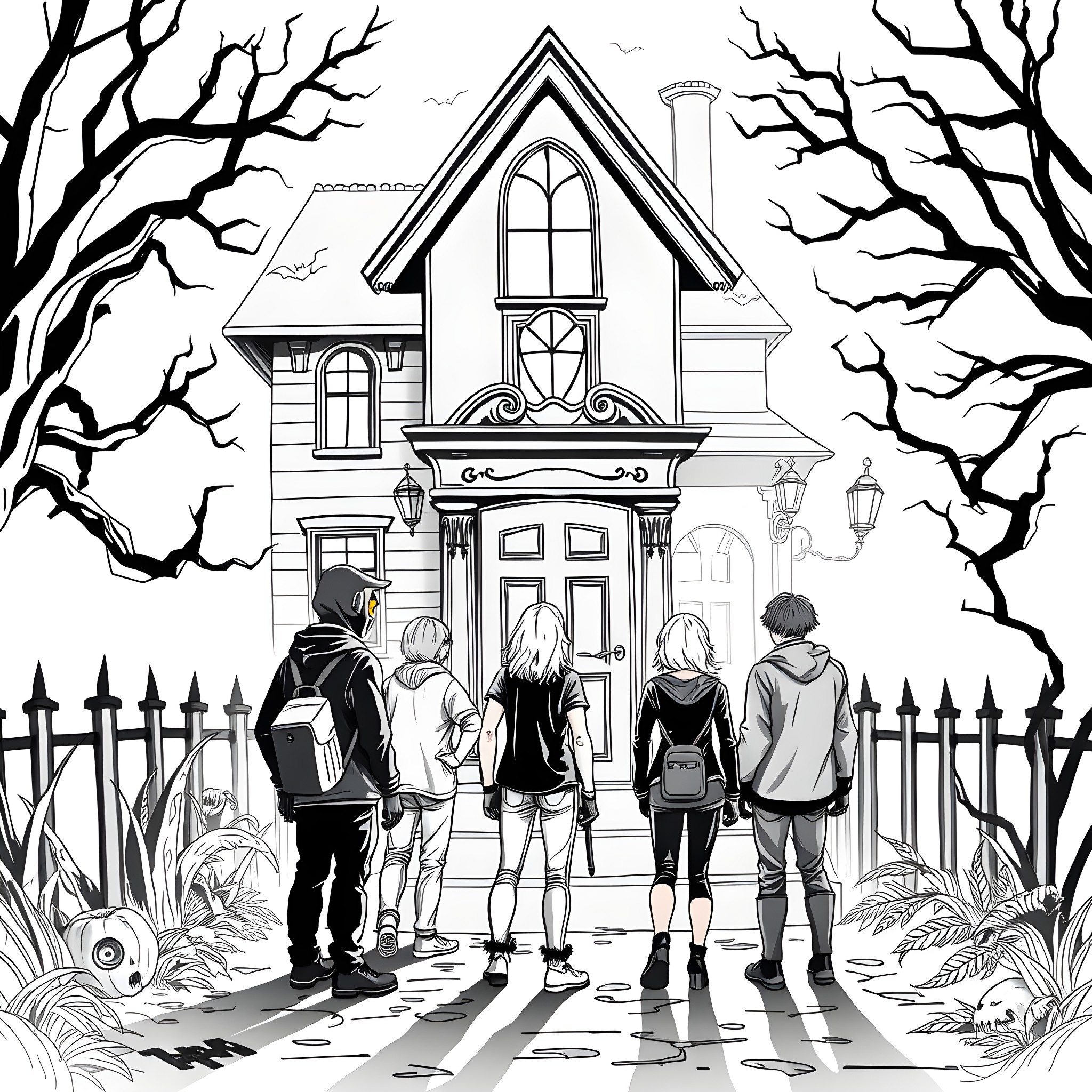 Person exploring a mysterious haunted house Coloring Page (free black-and-white line drawing printable PDF for all, from beginners to advanced learners, including children, teens, adults, and seniors)