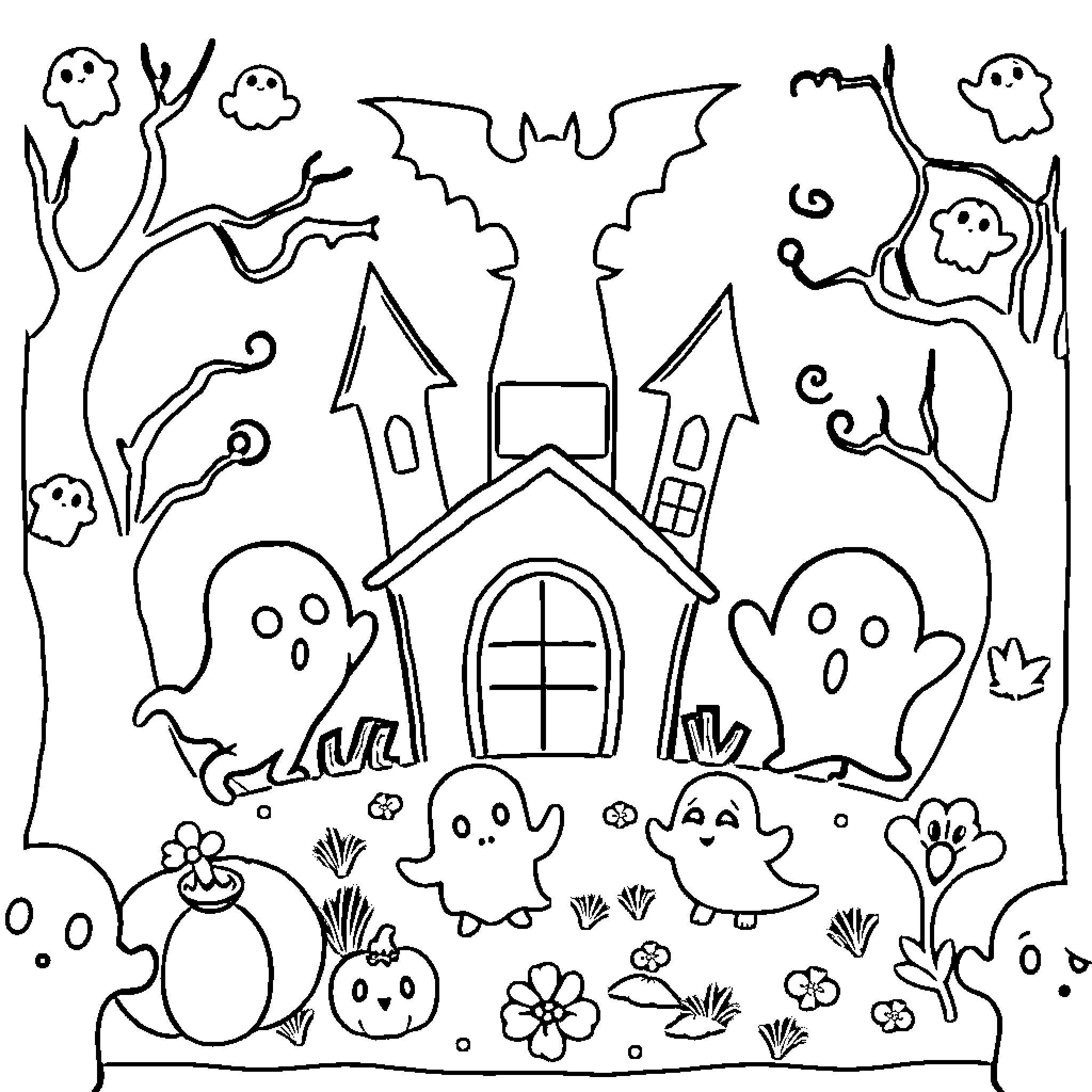 Ghost haunted house and ghostly friends in the night Coloring Page (free black-and-white line drawing printable PDF for all, from beginners to advanced learners, including children, teens, adults, and seniors)