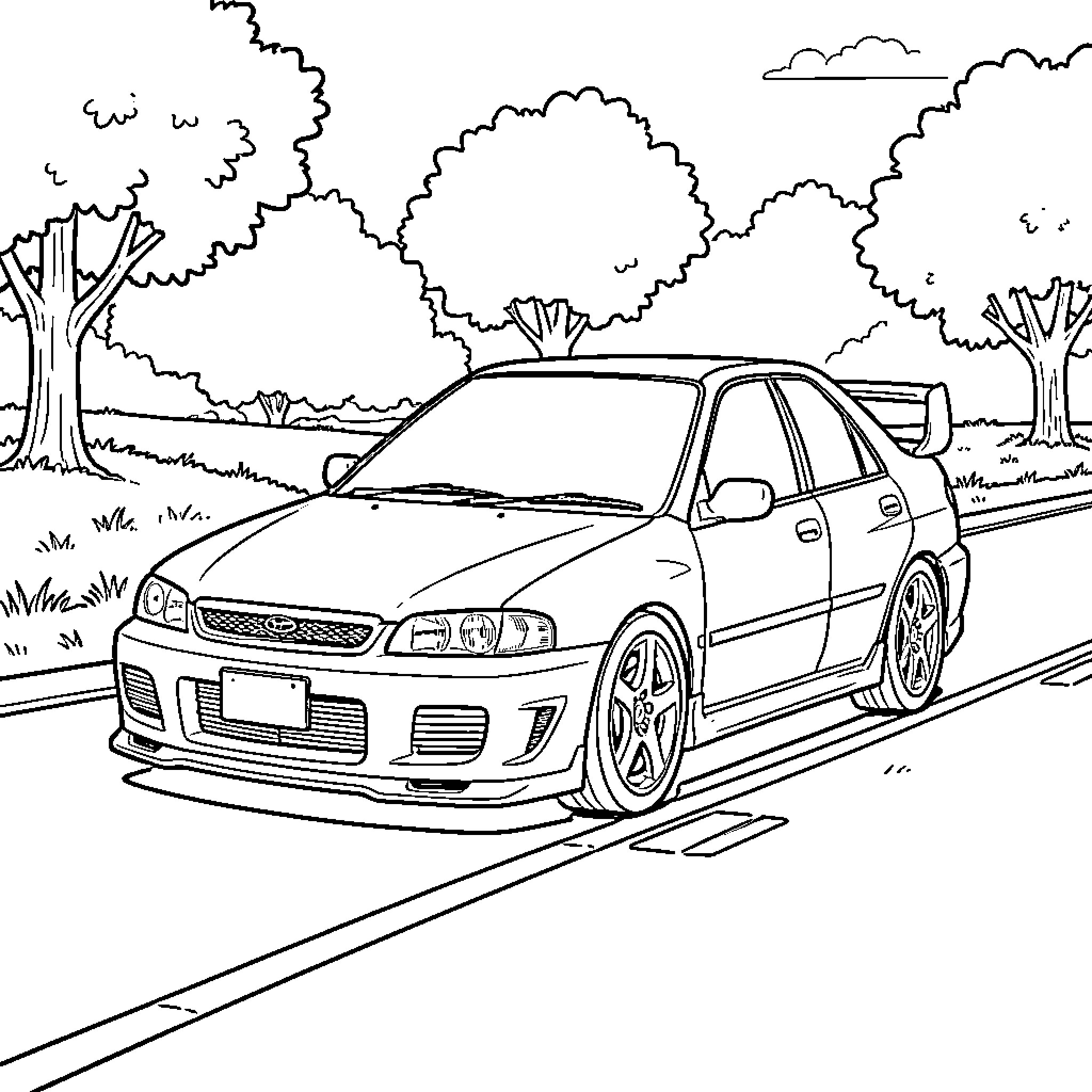 Lancer driving along a scenic road through trees Coloring Page (free black-and-white line drawing printable PDF for all, from beginners to advanced learners, including children, teens, adults, and seniors)