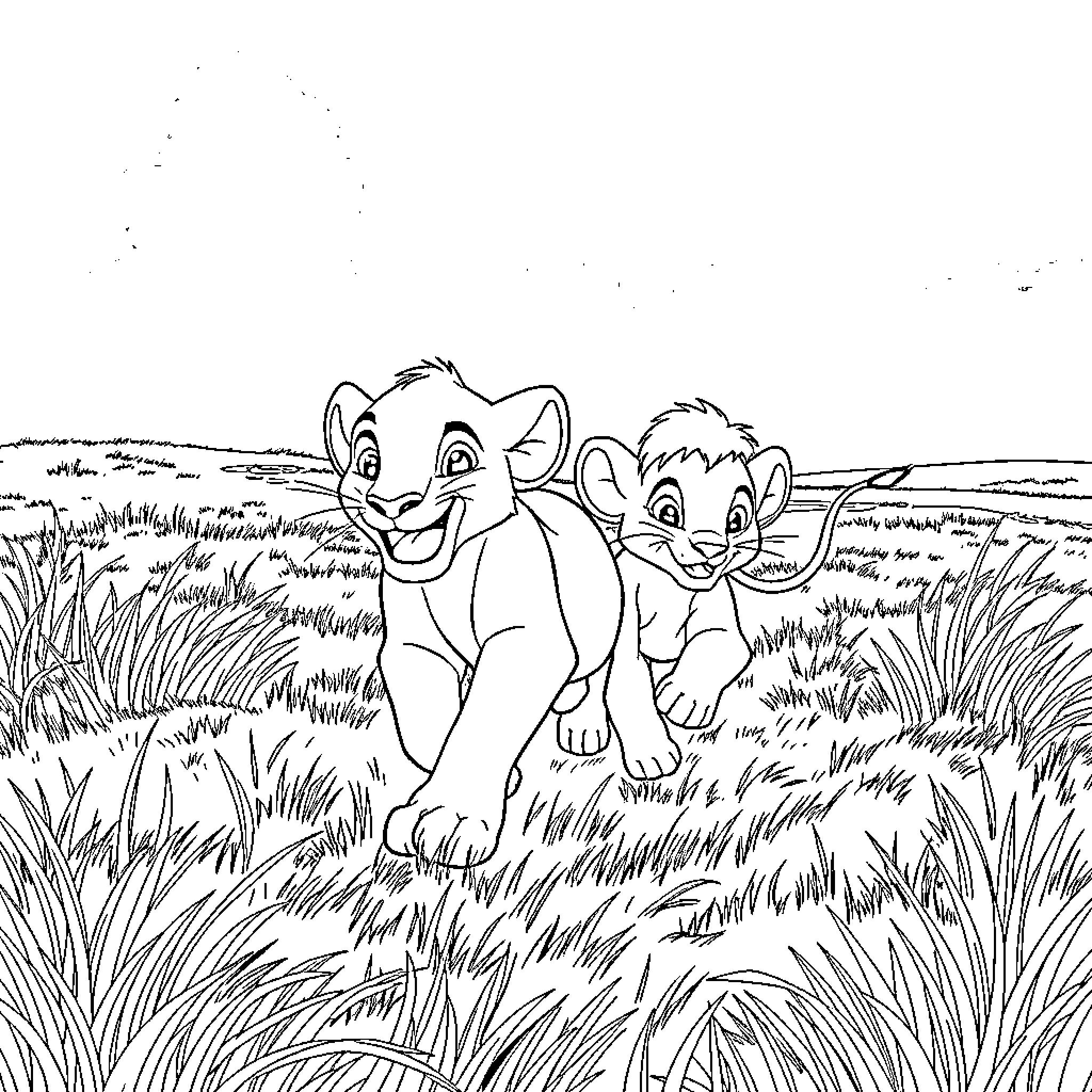 Simba and Nala playing joyfully in the grasslands Coloring Page (free black-and-white line drawing printable PDF for all, from beginners to advanced learners, including children, teens, adults, and seniors)