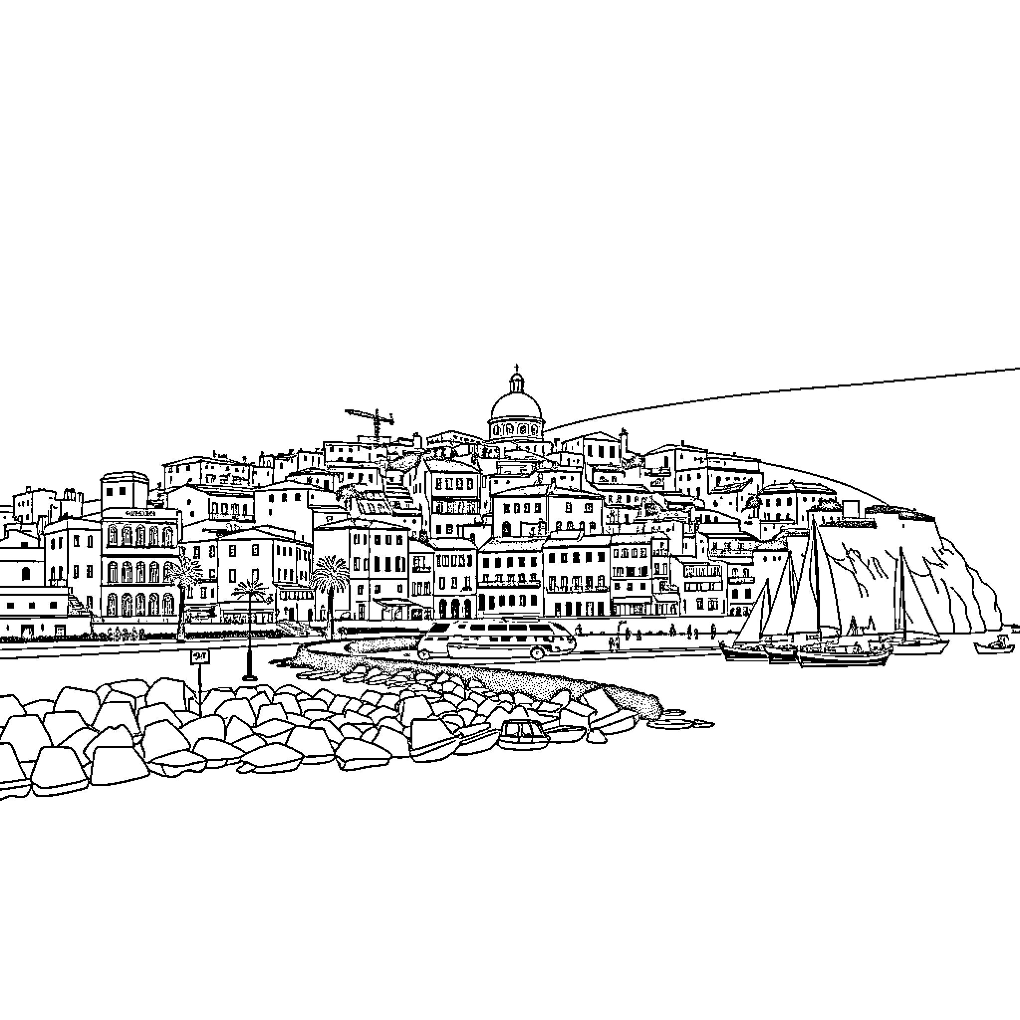 Alghero: Scenic Seaside Town with Sailboats and Architecture Coloring Page (free black-and-white line drawing printable PDF for all, from beginners to advanced learners, including children, teens, adults, and seniors)