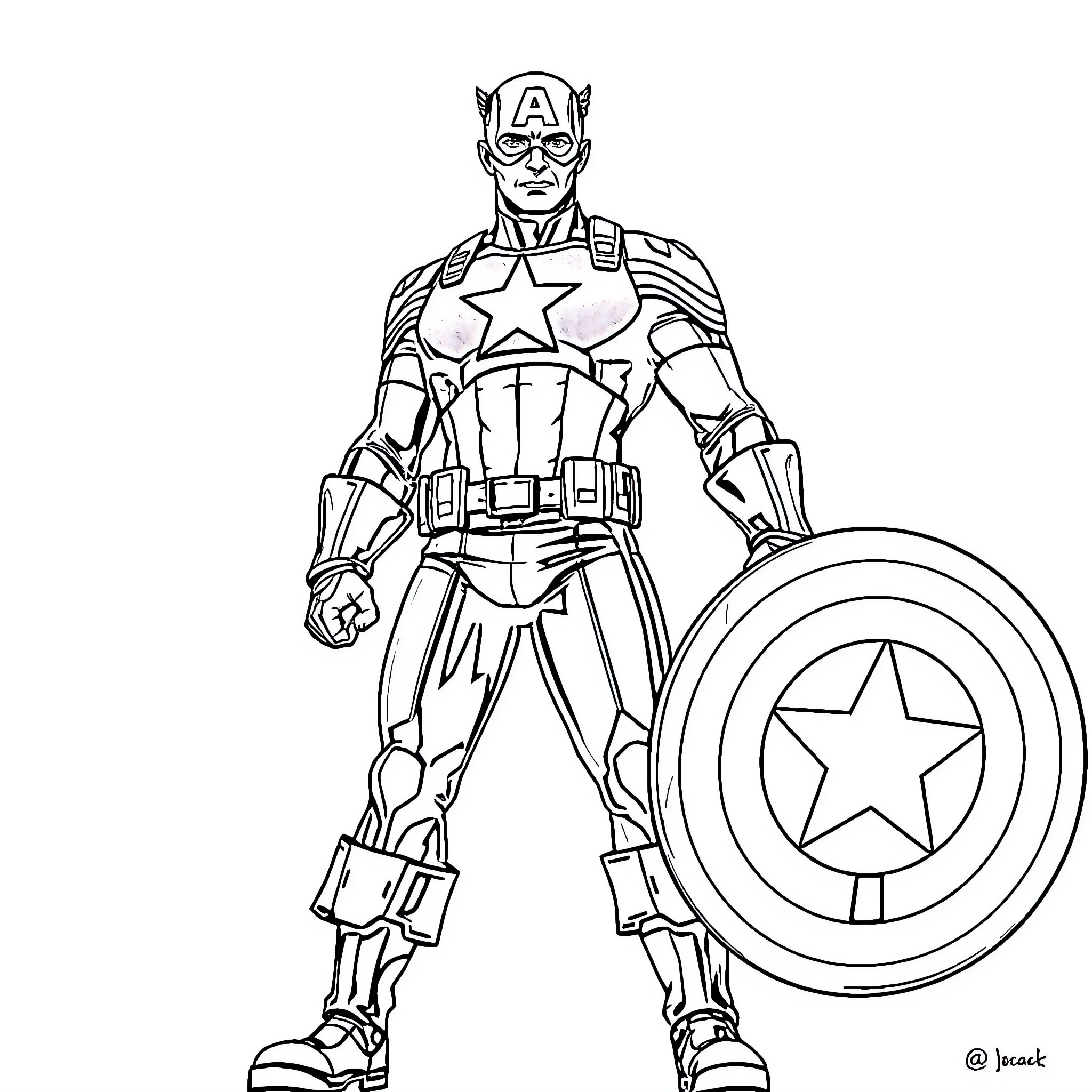 Captain America in heroic stance with shield Coloring Page (free black-and-white line drawing printable PDF for all, from beginners to advanced learners, including children, teens, adults, and seniors)